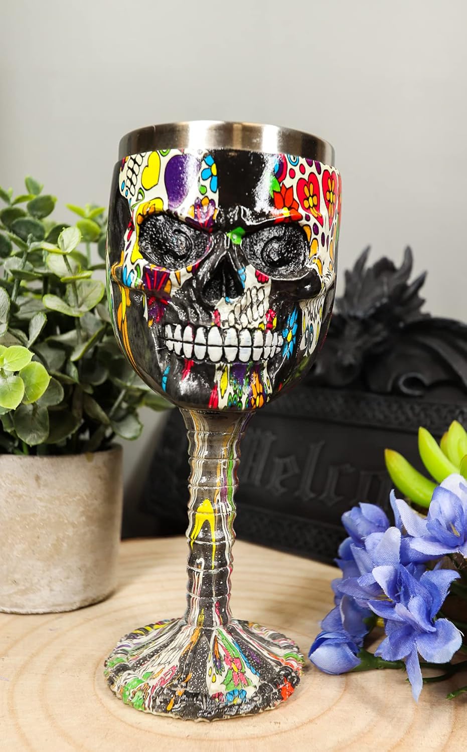 Ebros Day Of The Dead Gothic Black Floral Sugar Skull Calavera Faces Beverage Wine Goblet Chalice Drinkware Serveware Ossuary Macabre Halloween Decorative Accent Party Hosting Accessory