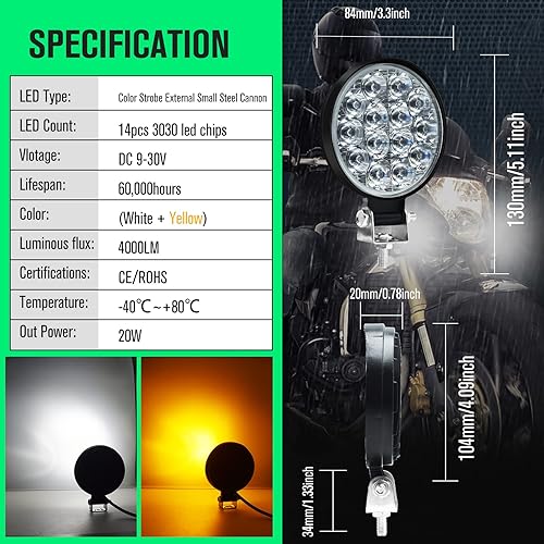Miniatura 7 de 2 luces redondas todoterreno de 3.4 pulgadas, ámbar3000 K, 14 LED 17 W 3400 lm, luz de trabajo LED blanca con kit de interruptor para