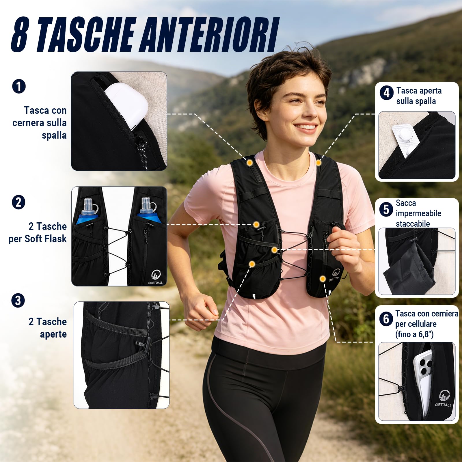 Gilet Running Uomo Donna, Zaino Trail Running, Running Vest con 2X Borraccia Morbida 500ml y Luce LED Ricaricabile, Gilet Corsa Leggero per Ultrarunning Jogging Marathon Trekking Ciclismo