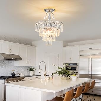 Crystal Silver Chandelier Antique Modern Semi Flush Mount Ceiling Light Fixture Ceiling Lamp for Dining Room Kitchen Bedroom Living Room Hallway E14x4 -Lights D39cm x H50cm [Energy Class F]