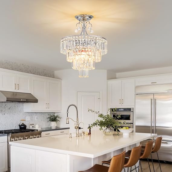 Crystal Silver Chandelier Antique Modern Semi Flush Mount Ceiling Light Fixture Ceiling Lamp for Dining Room Kitchen Bedroom Living Room Hallway E14x4 -Lights D39cm x H50cm [Energy Class F]