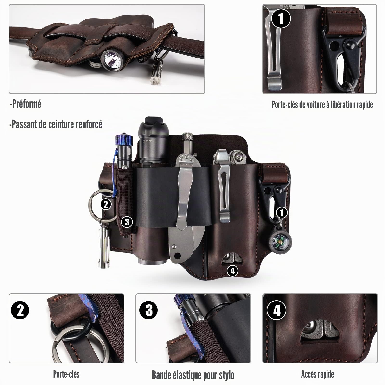 VIPERADE PJ36 - Étui Multi-Outils, étui en Cuir, Organiseur de Poche EDC pour Homme, étui Leatherman, Porte-Lampe de Poche et Porte-Stylo, Organiseur de Ceinture EDC avec Porte-clés
