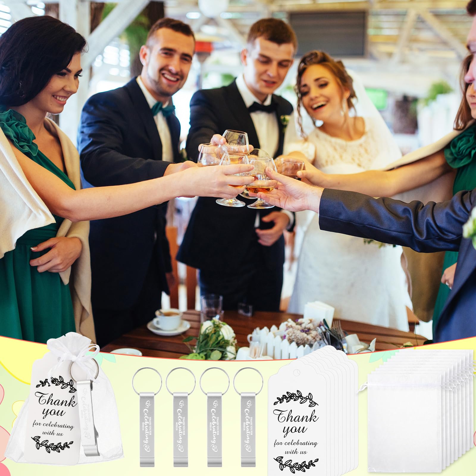 Misdary 100 Sets Hochzeits-Dankeschön-Geschenke für Gäste, inklusive 100 Bierflaschenöffner, Schlüsselanhänger, 100 Dankeskarten, 100 Organza-Beutel für Hochzeit, Brautparty, Geburtstag, Souvenirs,