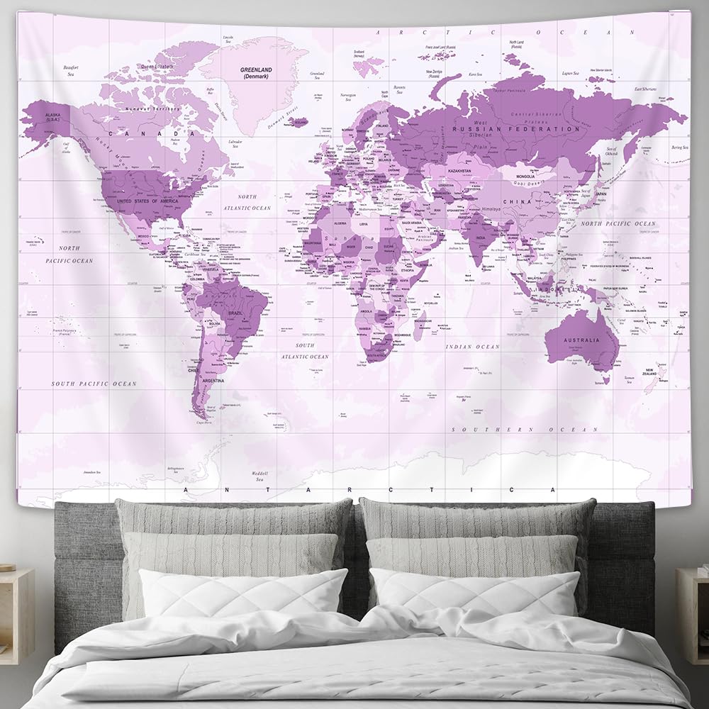 Drgilau Old World Map Tapestry - Purple Educational Wall Art for Living Room Office - Vintage Asia Europe South America Africa City Topography Decor