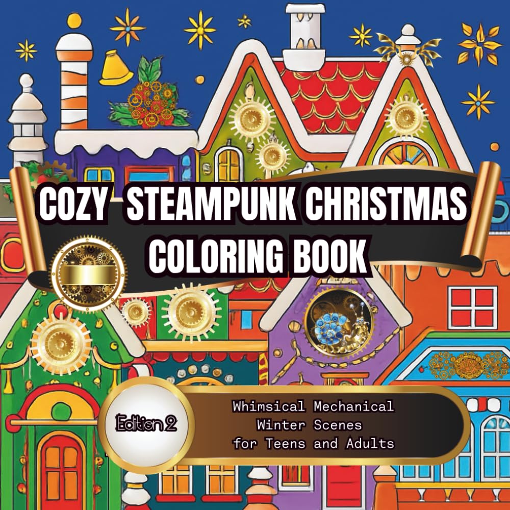 Cozy Steampunk Christmas Coloring Book: Whimsical Mechanical Winter Scenes for Teens and Adults