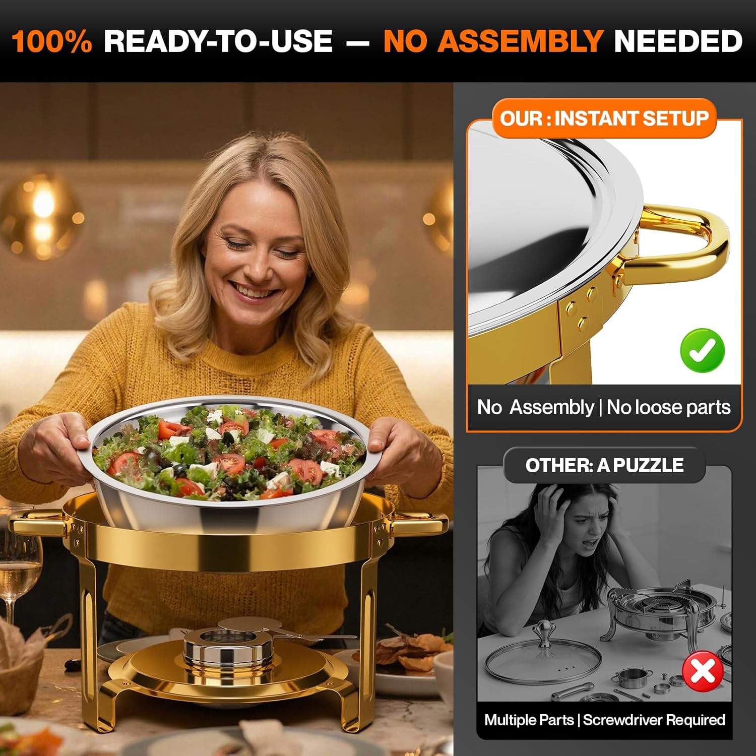 Chafing Dishes for Buffet,5QT Round Chafing Dish Buffet Set,Stainless Steel Buffet Food Warmers Sets for Catering Events Parties Dinners with Complete Set(Elegant Gold +Silver Colors)