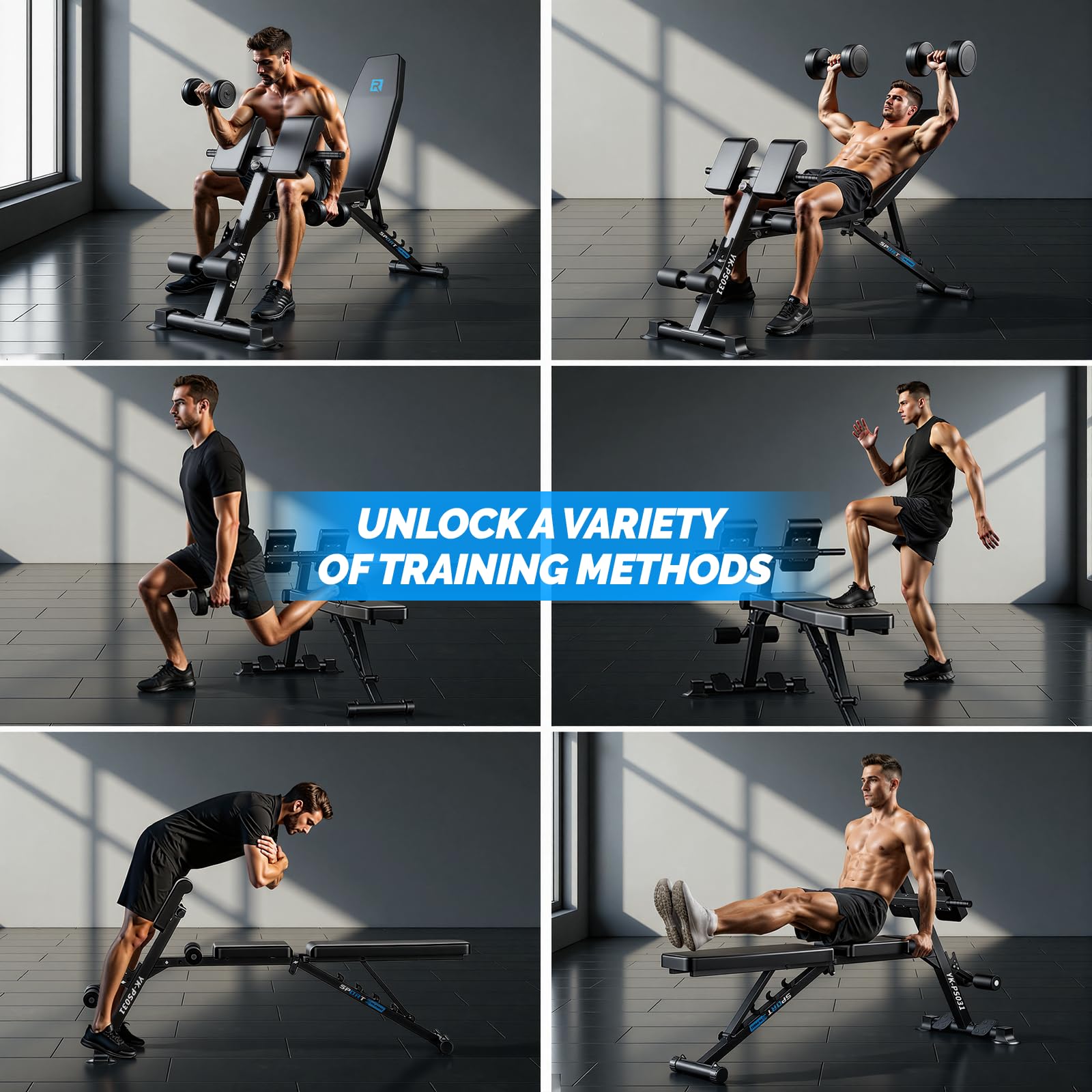 Banco de musculación - Permite entrenar en posición horizontal, inclinada, declinada, vertical, etc. - Banco musculación plegable - Para entrenar en casa y oficina - Capacidad de carga: 300 kg.