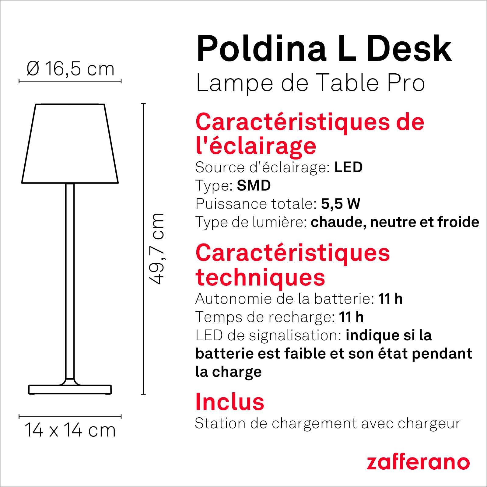 Zafferano, Lampe Poldina L Desk, Lampe de Table Portable et Rechargeable avec Contrôle Tactile, Convient pour le Salon et l'Extérieur, Dimmer 2200-3000 K, Hauteur 49,7 cm, Couleur Gris Foncé