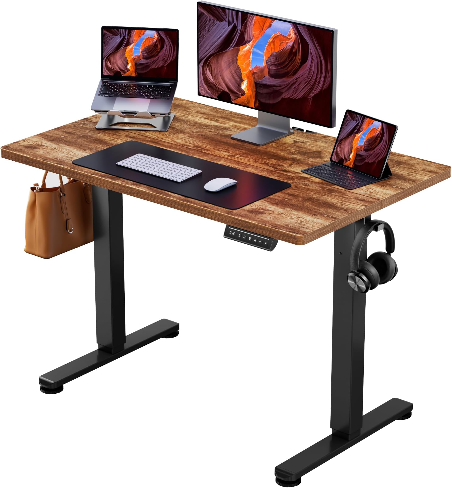 ErGear Height Adjustable Desk, 100 x 60cm Standing Desk, Adjustable Desk with 4 Memory Smart Pannel for Home, Office (Vintage Brown) -EGESD4V