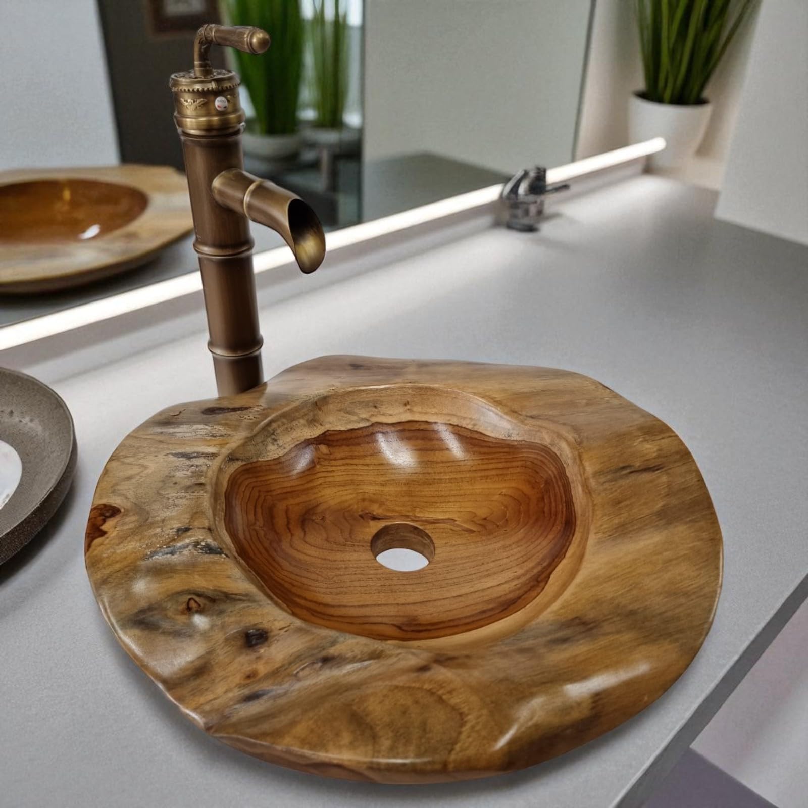 Kinaree Umywalka z drewna tekowego, okrągła, unikat – ręcznie wykonana drewniana miska o średnicy 40 cm z drewna korzeniowego do łazienki – naturalna umywalka nasadowa z litego drewna – designerska