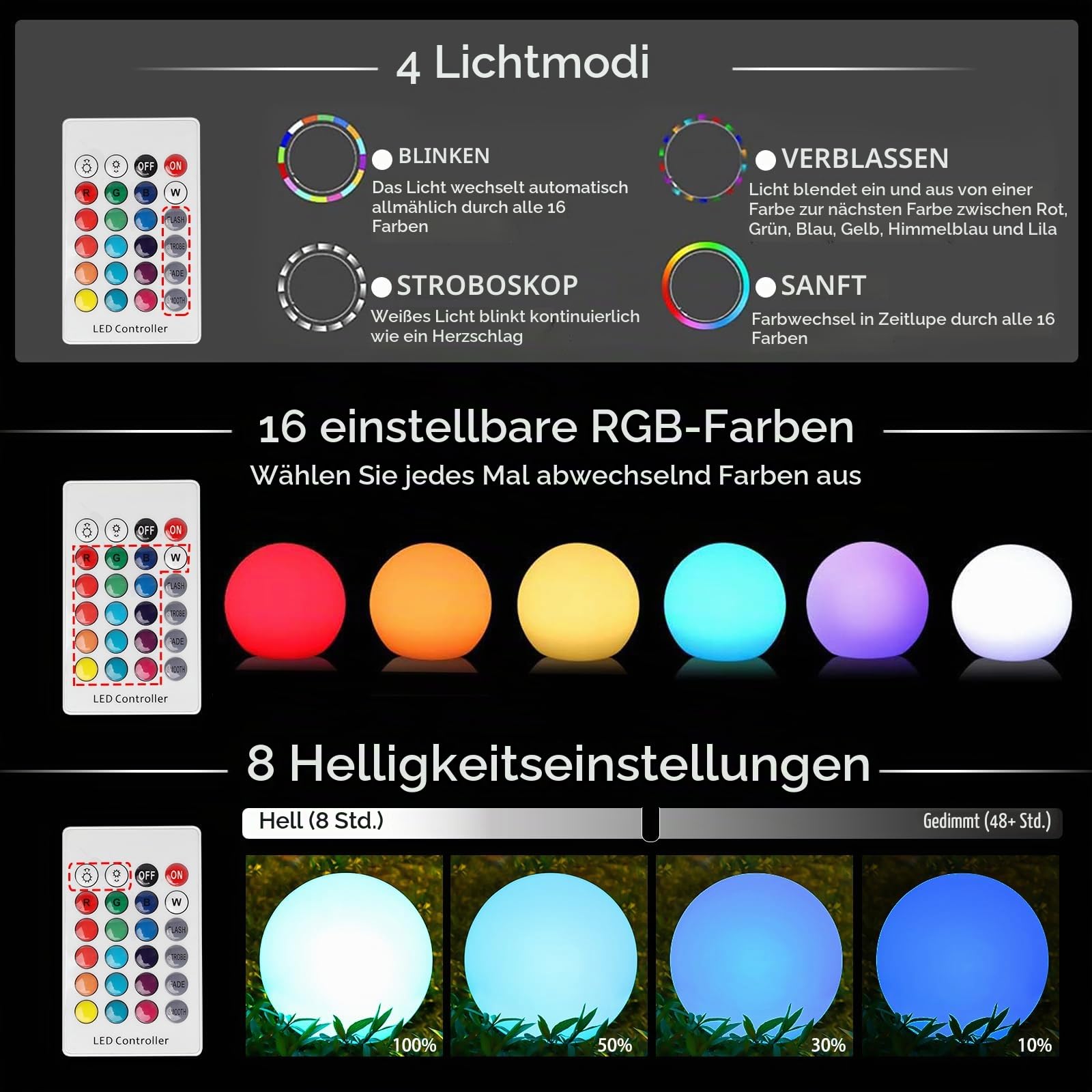 2PCS WRGB LED Solarleuchte für Garden, 30cm Solarlampe Kugelleuchte mit Fernbedienung, 16 Farbwechsel, 1200mAh Type-C Aufladbar Wasserdicht Kugellampe für Teich Balkon Rasen Patio Innen Terrasse IP66