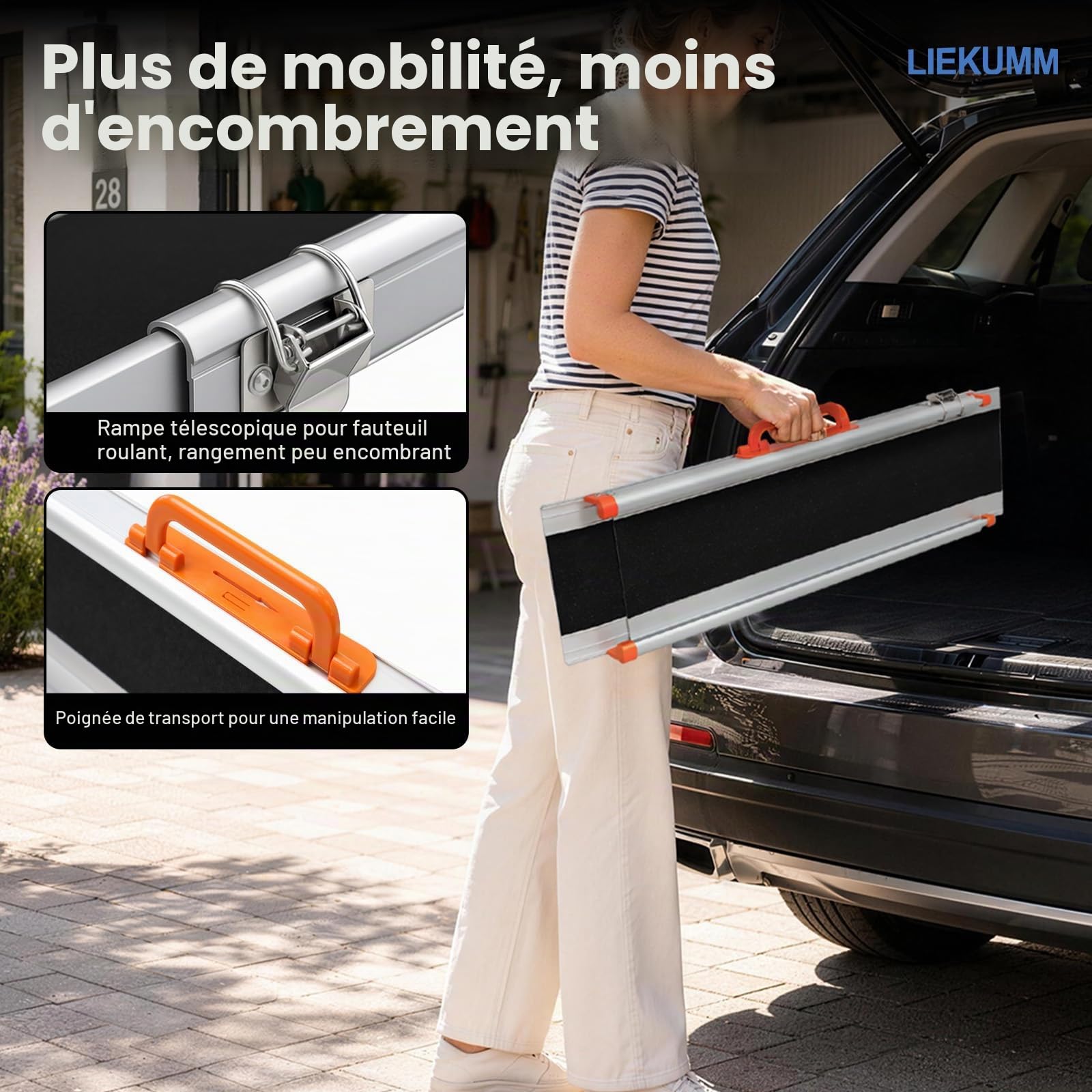 LIEKUMM Rampe de Fauteuil Roulant, 77 à 123 cm pour Fauteuils Roulants, 300 kg Capacité, Rampes Télescopiques pour Fauteuils Roulants, Rampe d'Accès Antidérapante