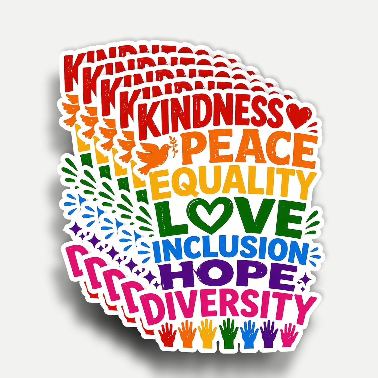 Photo 1 of (5pcs) Kindness Peace Equality Love Inclusion Hope Diversity Inspirational Sticker Rainbow Motivational Decorate Stickers Waterproof Vinyl Decal For Tumbler Water Bottle Laptop Phone Size 2.3x3 Inches
