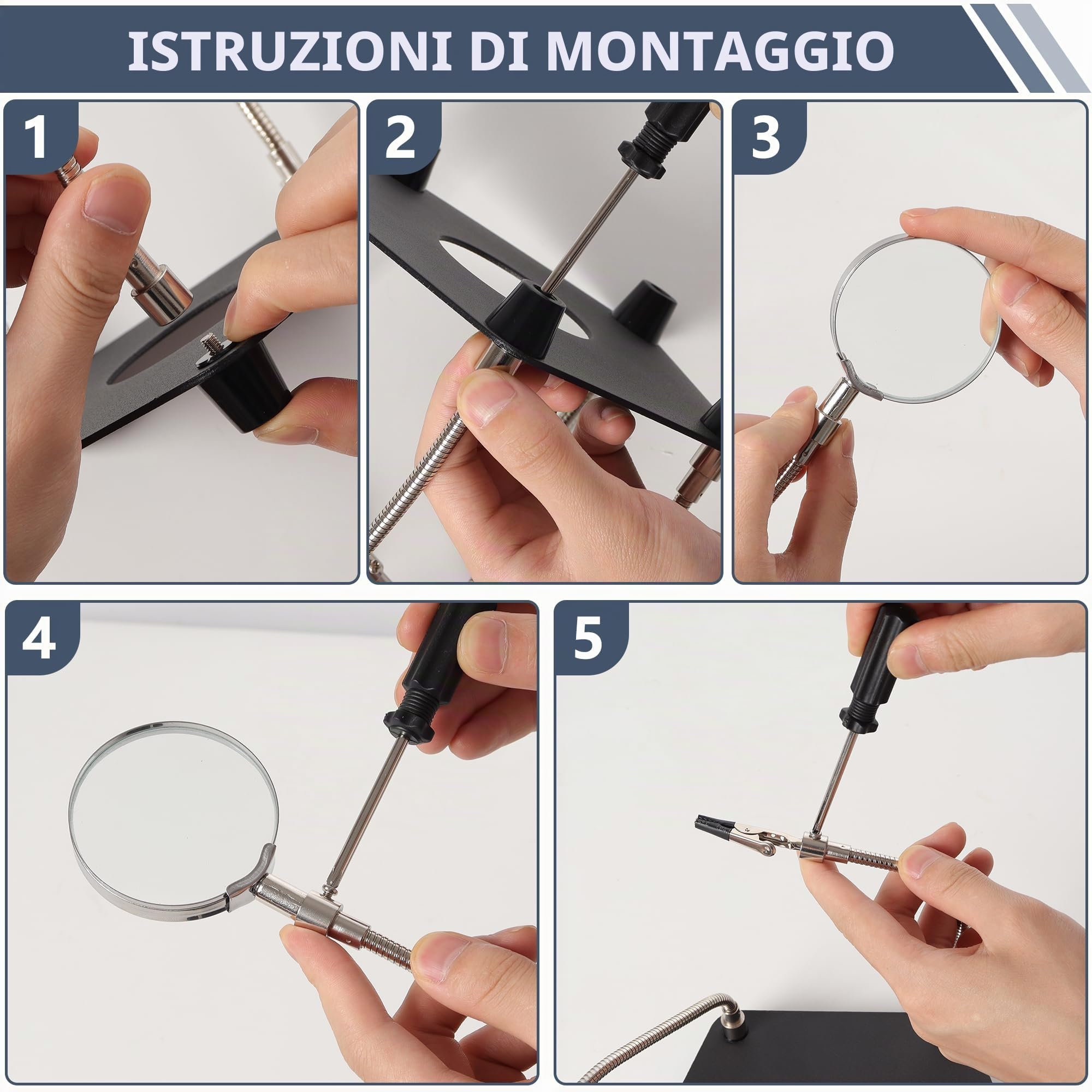 Stazione Saldatura con 3X Lente Ingrandimento Bracci Flessibili Clip, Terza Mano per Saldatura Elettronica