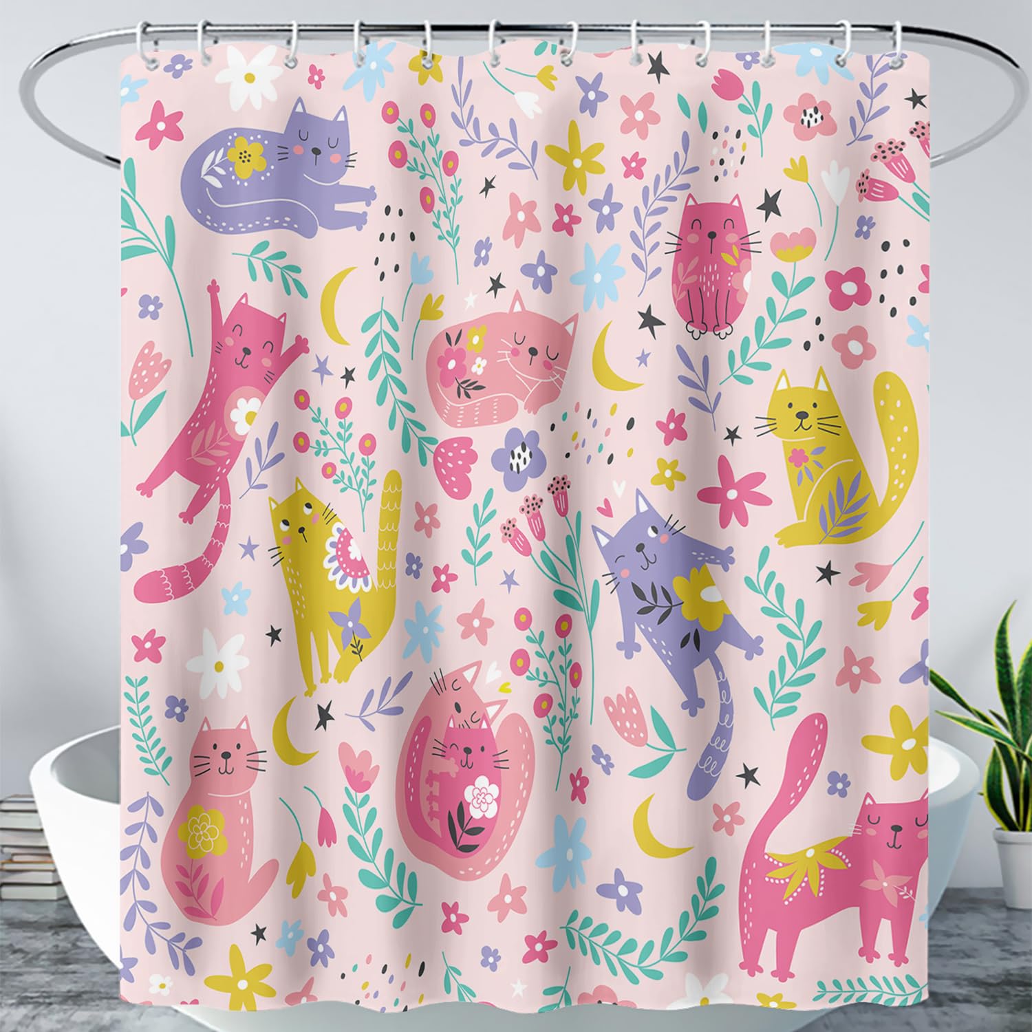 AILONEN Kawaii Cat Shower Curtain for Girls,Printed Pink Flower Cat Bath Curtain for Bathroom Decor,72