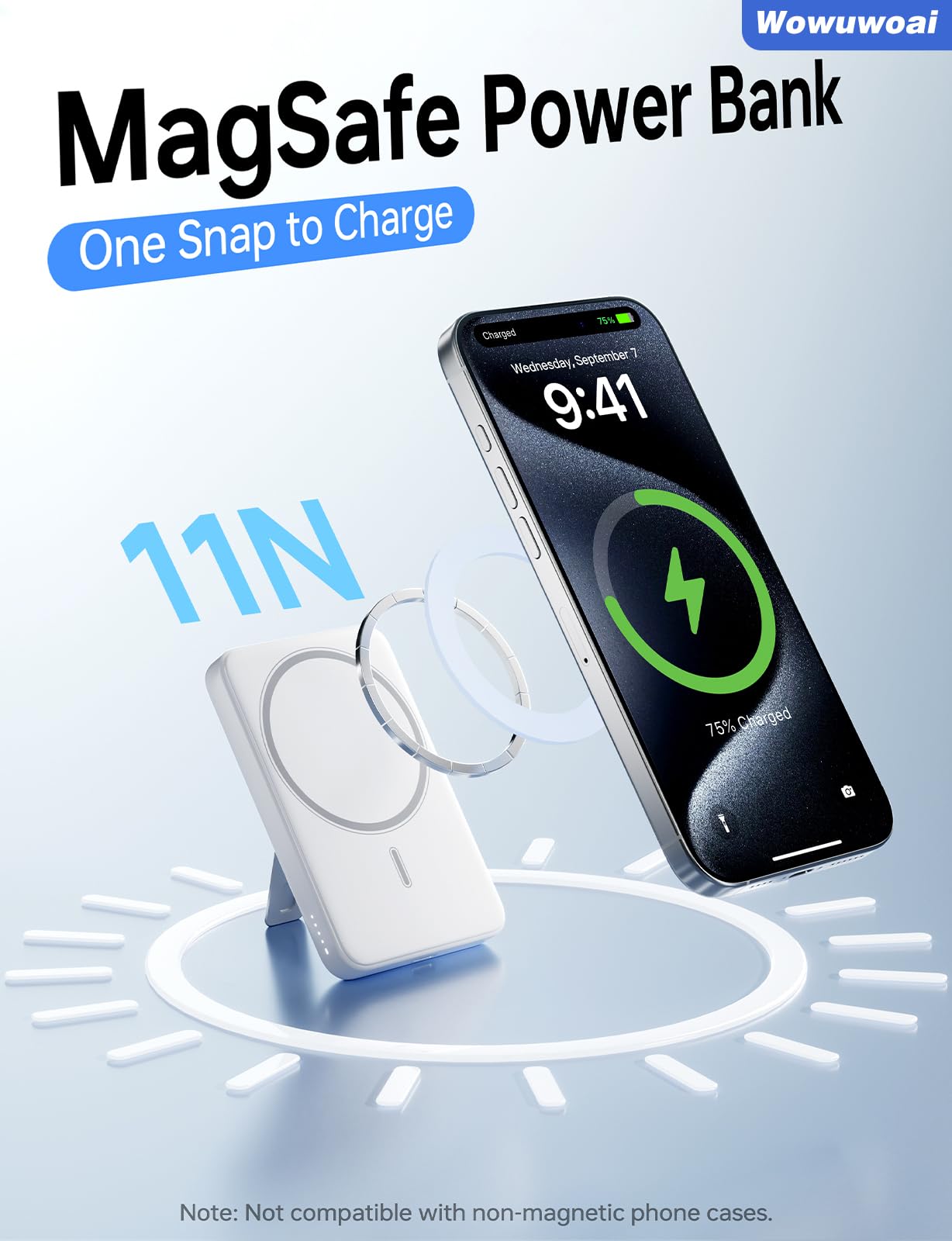 Caricabatterie portatile, power bank wireless da 10000mAh con supporto, bianco