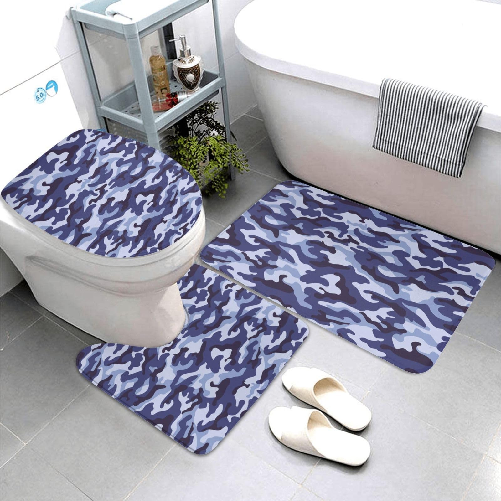 Tapis de salle de bain bleu marine imprimé camouflage (lot de 3 pièces lavables)