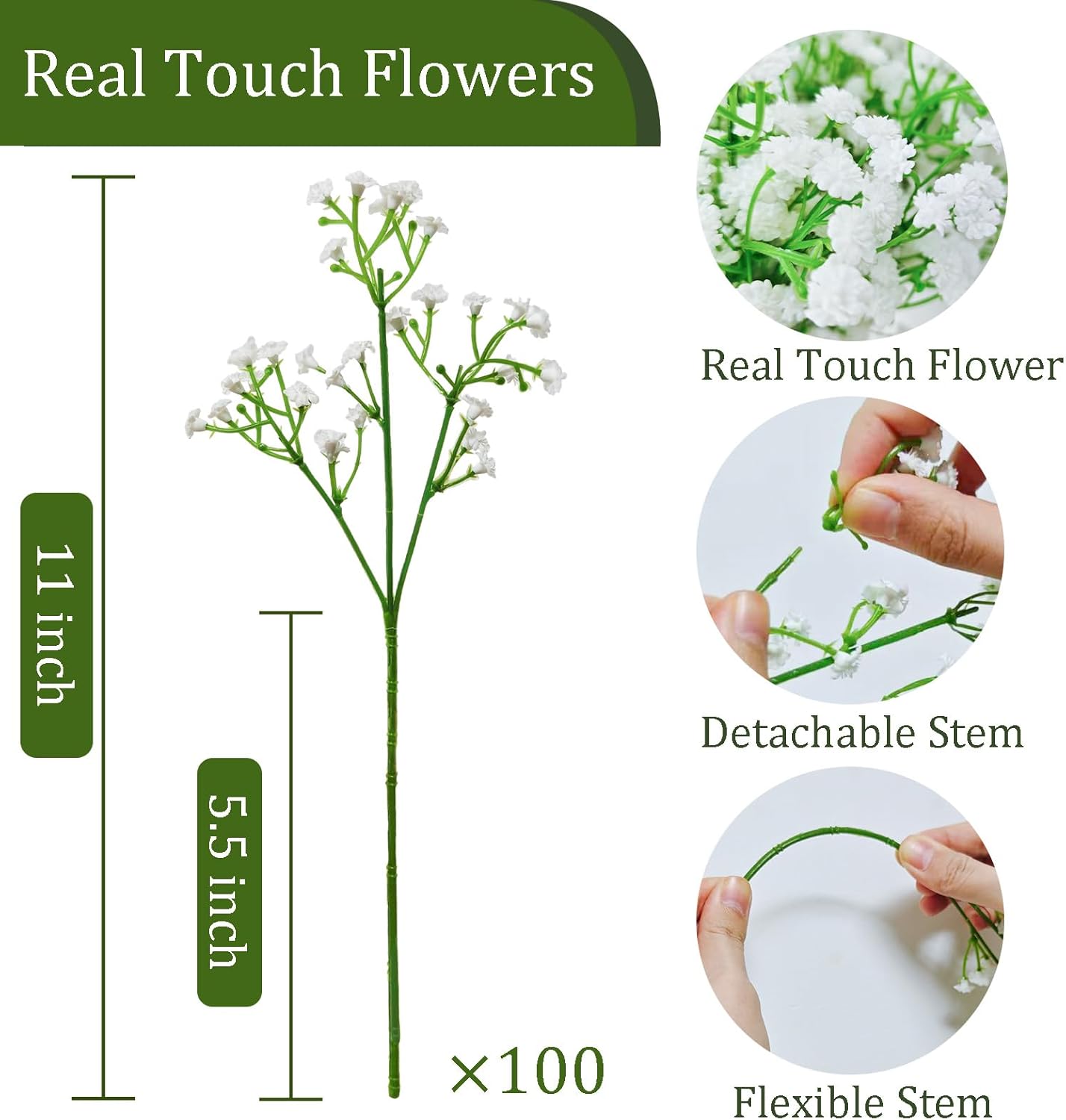 100 Pcs Real Touch Babys Breath Artificial Flowers, White Fake Flowers Baby Breath Flowers Artificial Bulk with Stems Decorations for Vase Wedding Party Garden Home Decor Centerpiece Arrangements