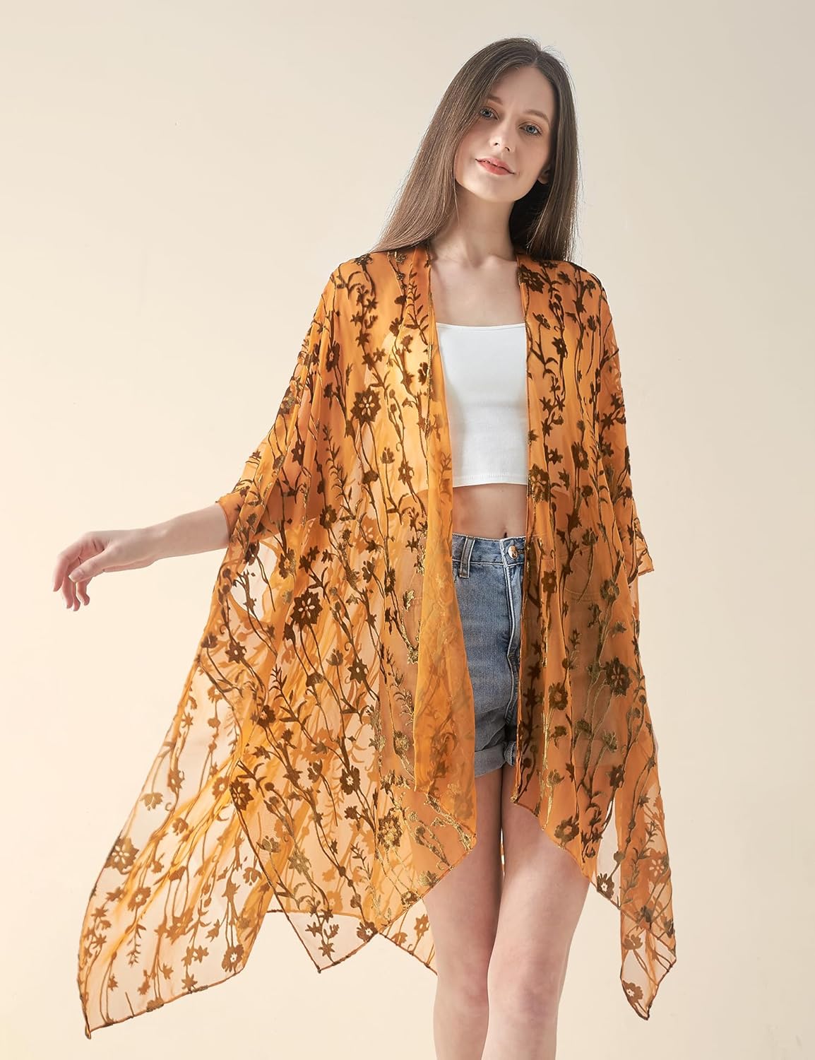 Women's Coverups Burnt-Out Velvet Cardigan Casual Outfit Long Cover Up Velvet Kimono