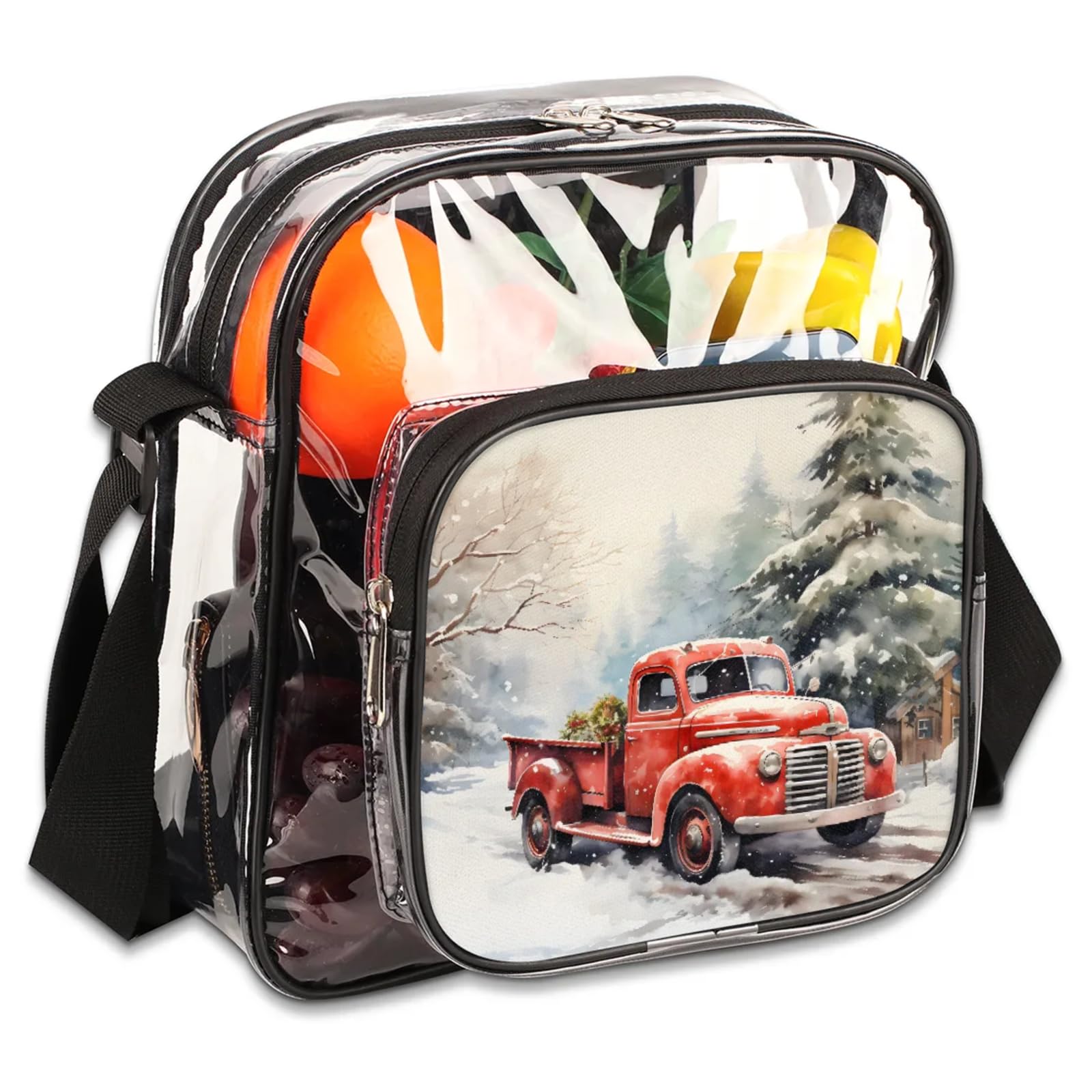 Clear Crossbody Bag Stadium Approved Snow Red Truck Transparent Bag for Festivals, Sports Events, Concerts,Beach Bag for Women Men Xmas Clear Purse with Front Pocket Messenger Bag