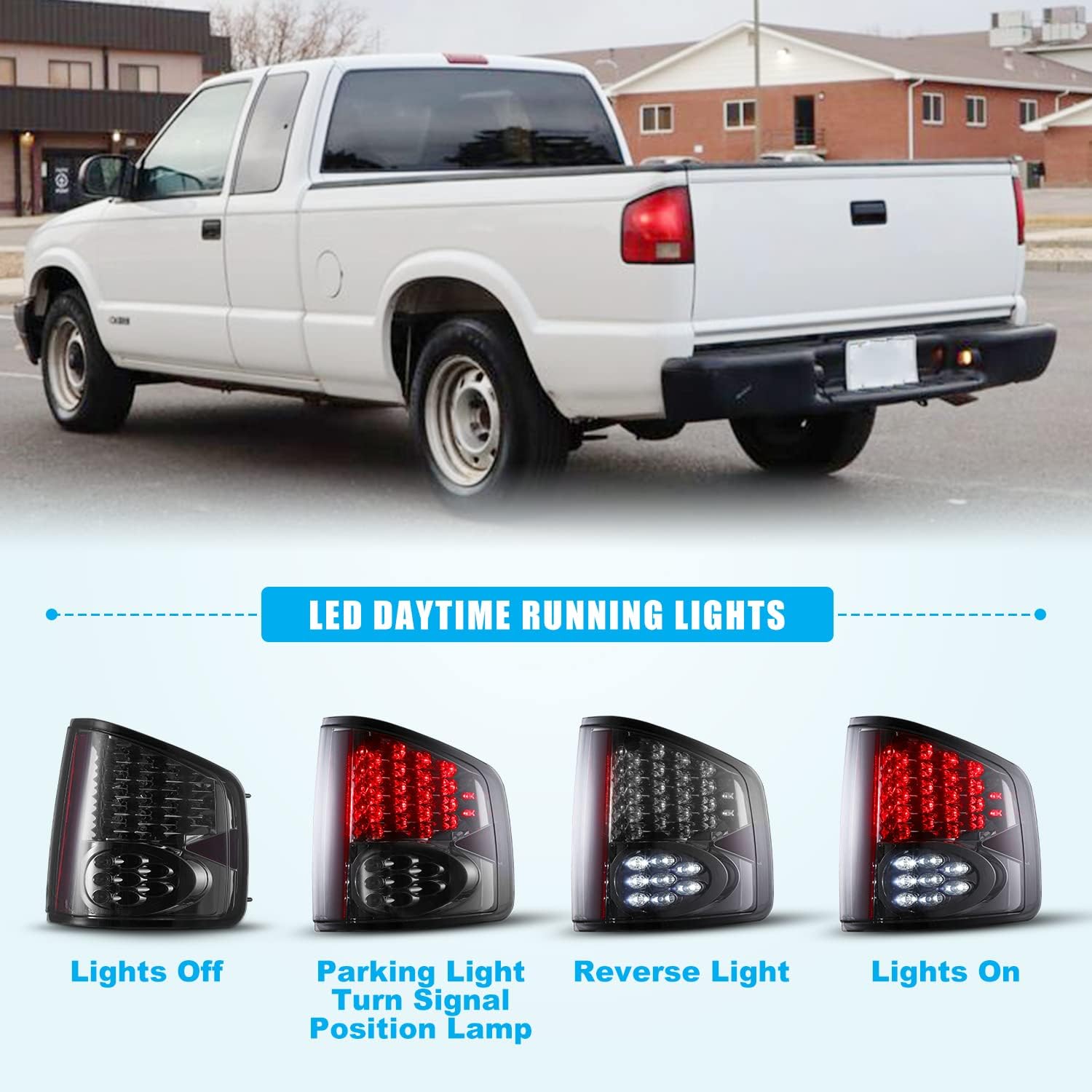CPW Tail Lights for [1994-2004 Chevy S10] [1994-2004 GMC Snoma] [1996-2000 Isuzu Hombre] LED Rear Brake Lamp Taillight DRL 1 Pair Left+Right Chrome Housing Smoke Lens