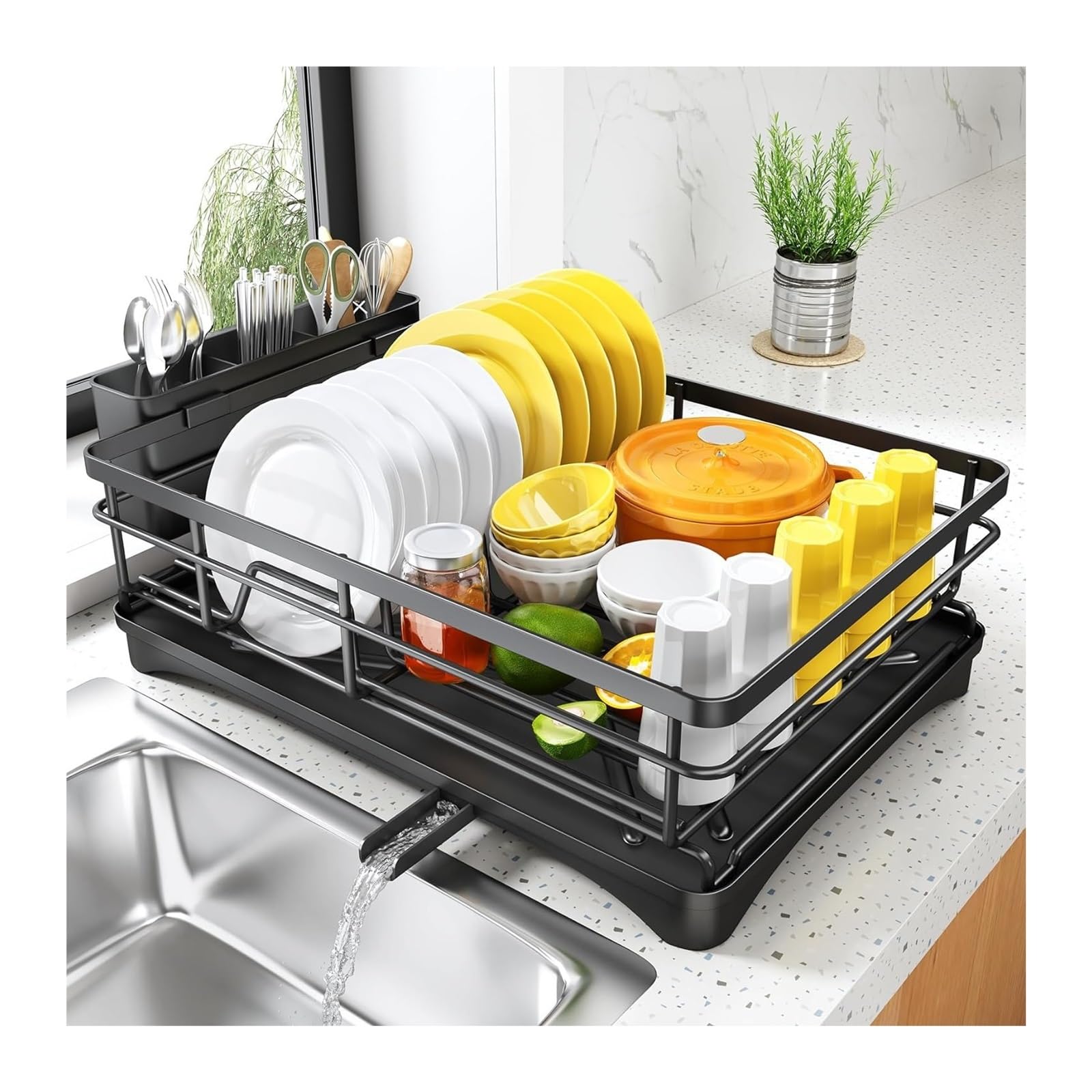 GLJTUO Large Dish Drying Rack with Drainboard - Rustproof Kitchen Counter with Utensil Holder for Sink - Space-Saving Black Design
