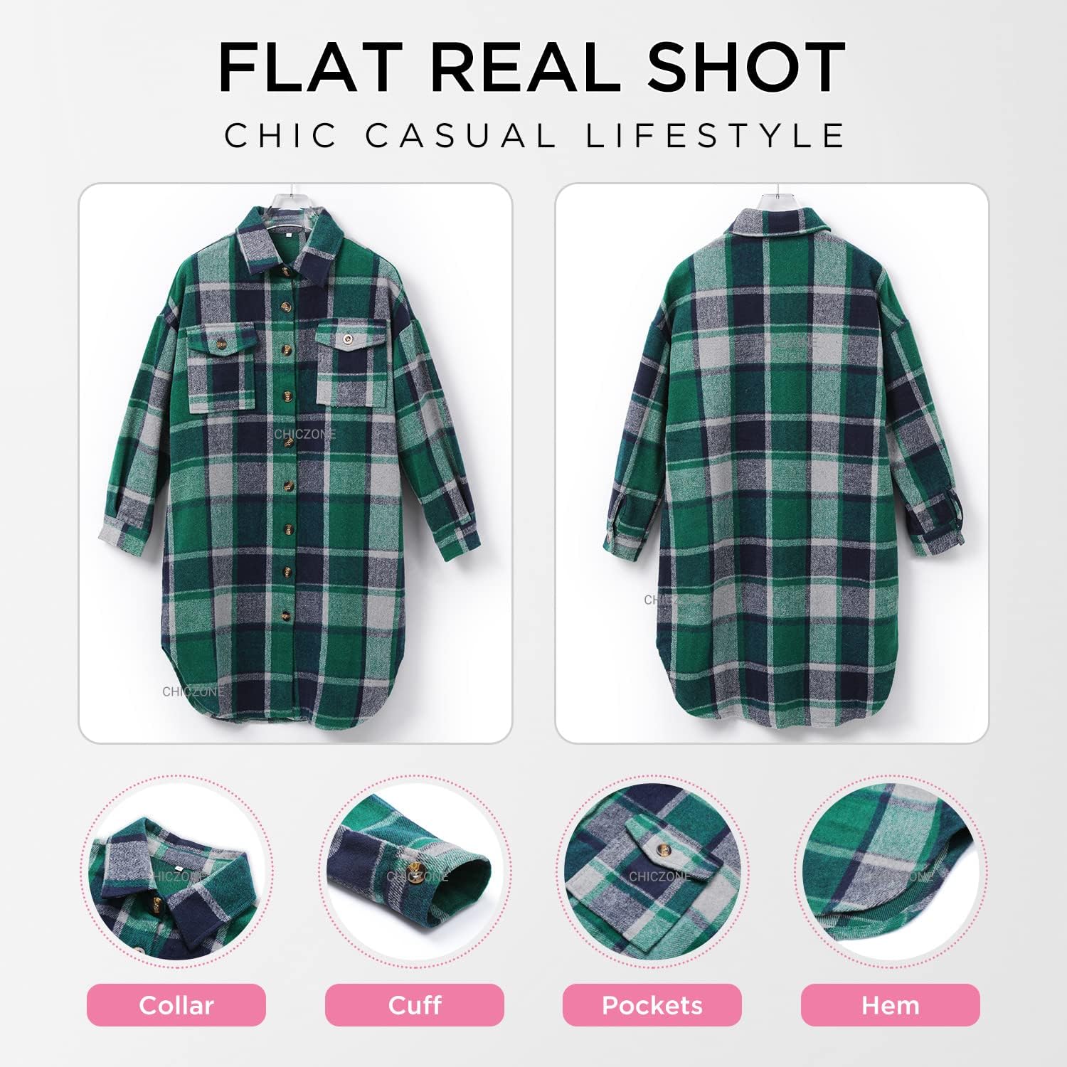 CHICZONE Womens Plaid Shacket Jacket Long Corduroy Shirt Casual Lapel Button Down Flannel Trench Coats - Image 5