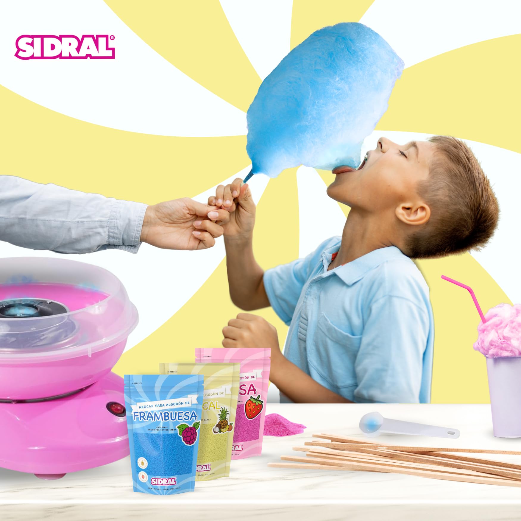 SIDRAL - Sucre Barbe à Papa pour machine - Arômes et Colorants Naturels - Lot de 3 x 250GR (Fraise - Framboise - Tropicale) poudre barbapapa + 50 Bâtonnets recyclables pour dégustation