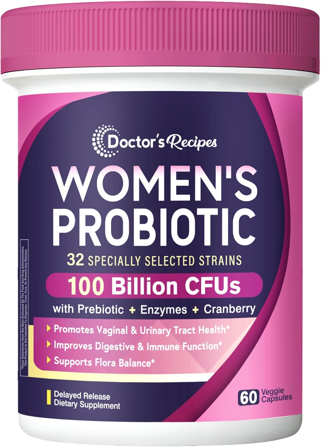 Doctor's Recipes Probiotics for Women, 100 Billion CFU 32 Strains, with Prebiotic, Enzymes & Cranberry, Shelf Stable, Delayed Release, 60 Caps