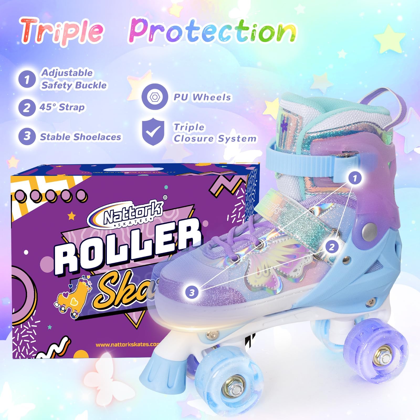 Nattork Patins à roulettes pour enfants - 4 tailles réglables - Avec motif papillon et fleur - Cadeau d'anniversaire pour les sports d'intérieur et d'extérieur