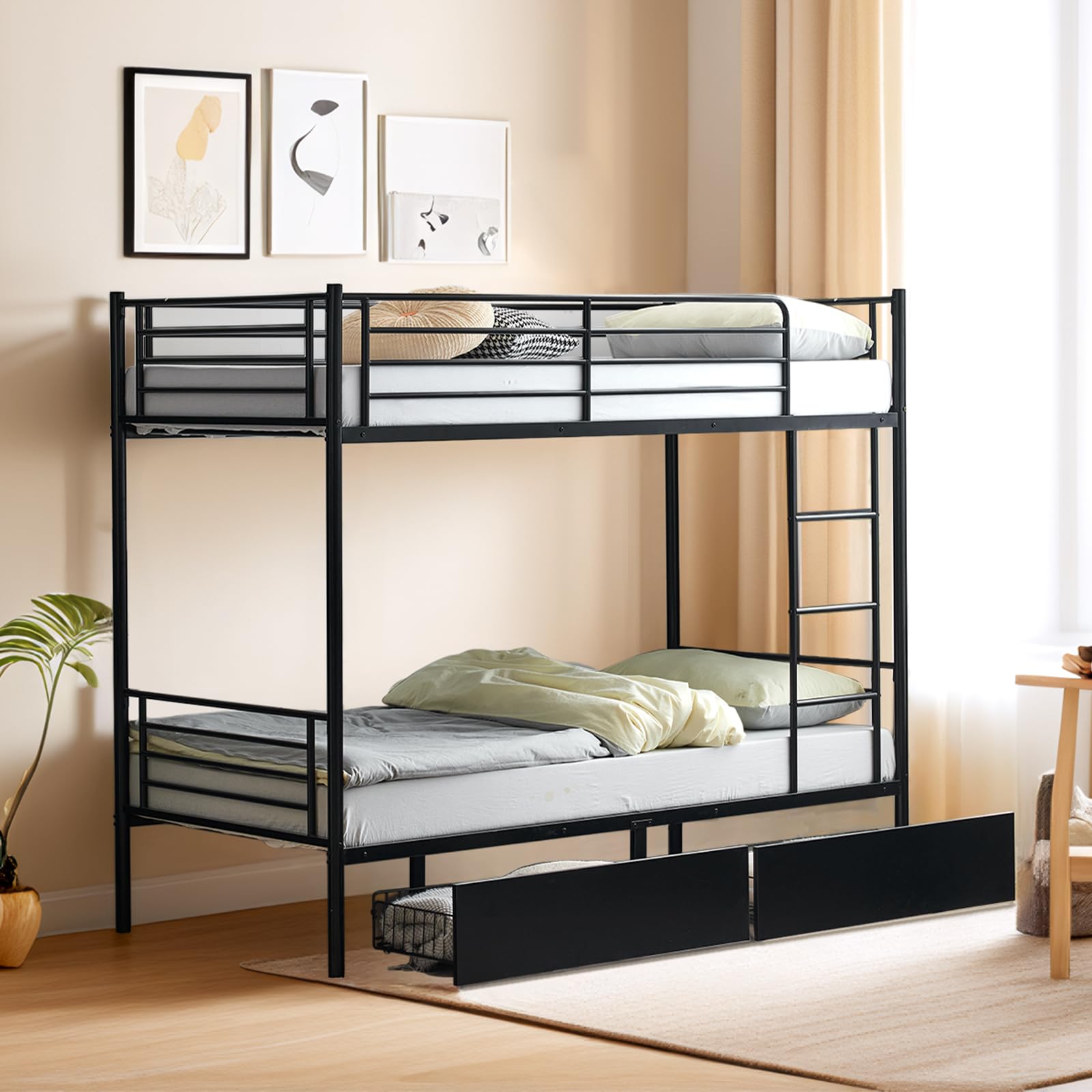 Bonnlo Metal Bunk Bed, Single over Single Loft Bed Frame with Ladder and Safety Guardrail, Bedroom Dorm Apartment Furniture Space-Saving Twin Bunk Bed with Drawer for Kids Teens Adults (Black)