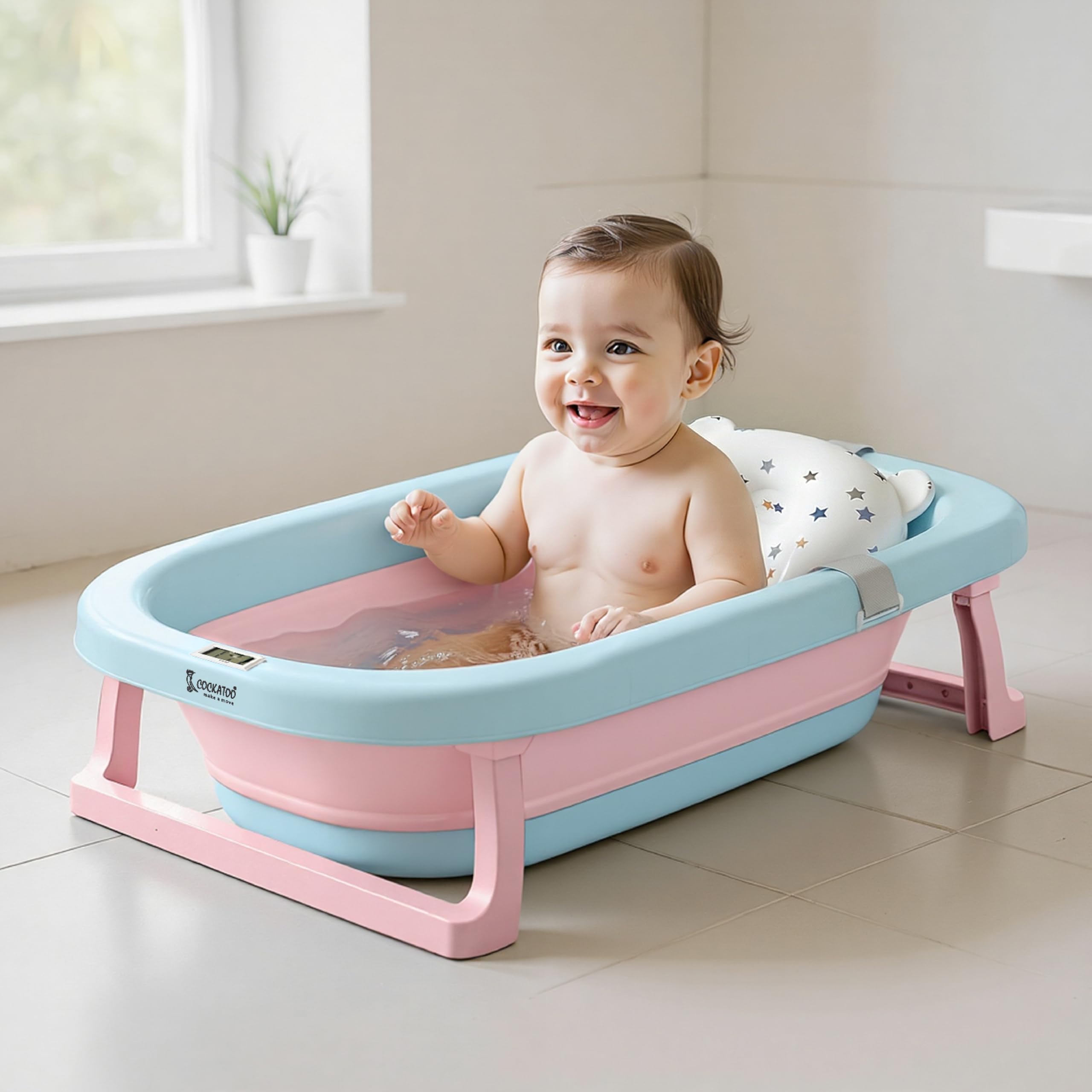 Cockatoo-Kids DripDrop Foldable Baby Bath Tub with Thermometer, Pillow & Soap Box – Portable Newborn to 6 Years Tub, Non-Toxic PP, Anti-Slip Base, 40kg Capacity – Travel & Home Use, Blue & Pink-image-7