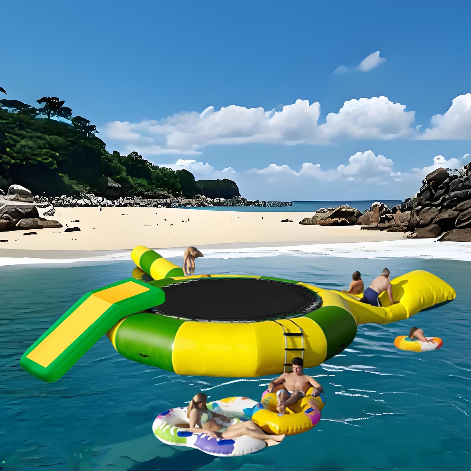 Water Trampoline Park,Inflatable Bounce Swimming Jumper Platform with Slide/Tube and Diving Pillow Bag,Party Inflatable for Lake Inflatable Water,10Ft
