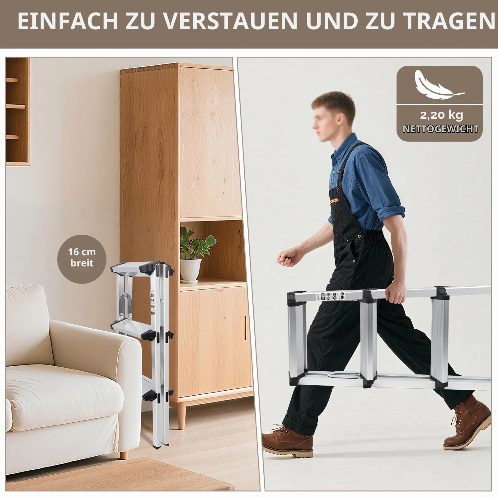 Trittleiter 2 x 3 Stufen, Alu Klapptritt, Silber