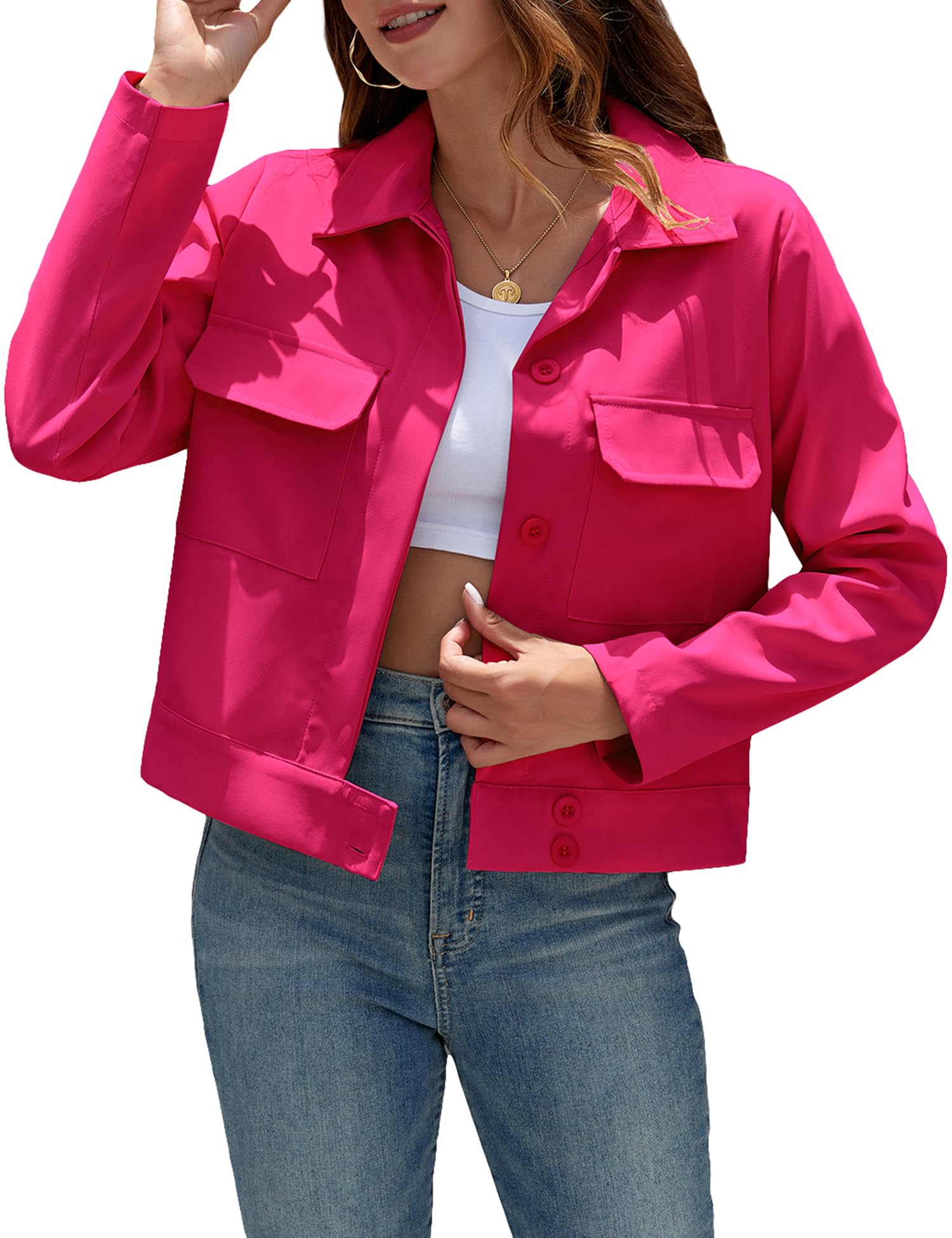 Bloggerlove Women Cropped Trench Coats Long Sleeve Lapel Casual Jackets Outerwear with Pockets Work Office Jackets