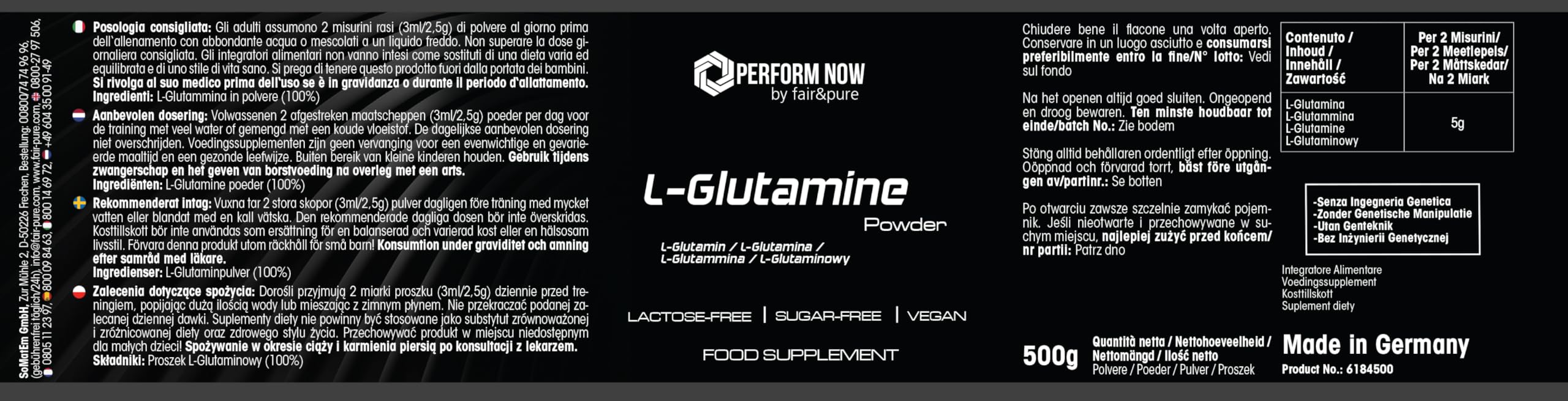 Fair & Pure® - L-Glutamine 500 g en poudre - 100% pure sans additifs - Vegan - Acide aminé protéinogène