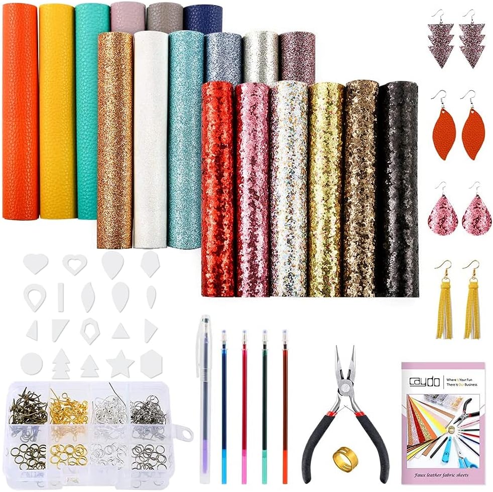 Caydo 23 Pieces 6 x 6 inch Leather Earrings Making Kit Include Instructions, 18 Pieces 3 Style Faux Leather Sheets, Leather Earring Cut Molds and Tools for Making Leather Earrings Bows and Crafts