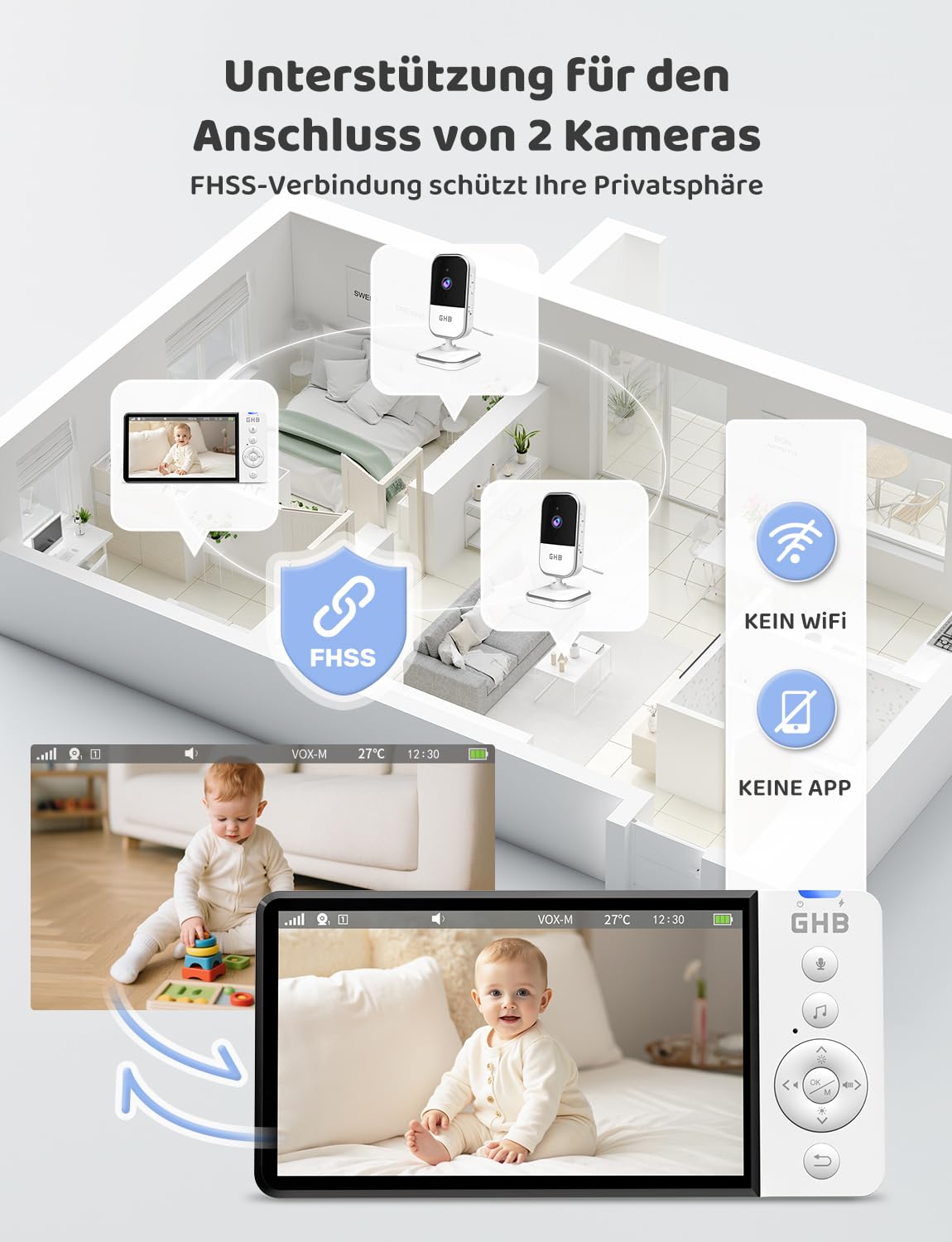 GHB Babyphone mit Kamera 5 Zoll IPS-Display 720P 5000 mAh VOX-Energiesparmodus 4X Zoom Nachtsicht Zwei-Wege-Audio Temperatursensor Nicht drehba