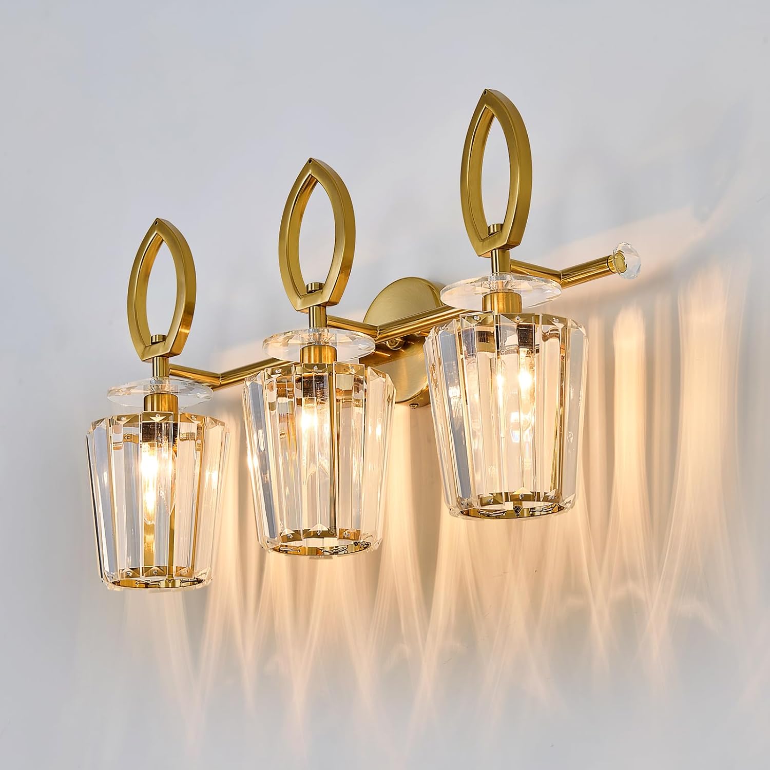 YYJLX Crystal Vanity Light Mid Century Modern Bathroom Fixture Gold Wall Mount Light Over Mirror Large 3 Lamp