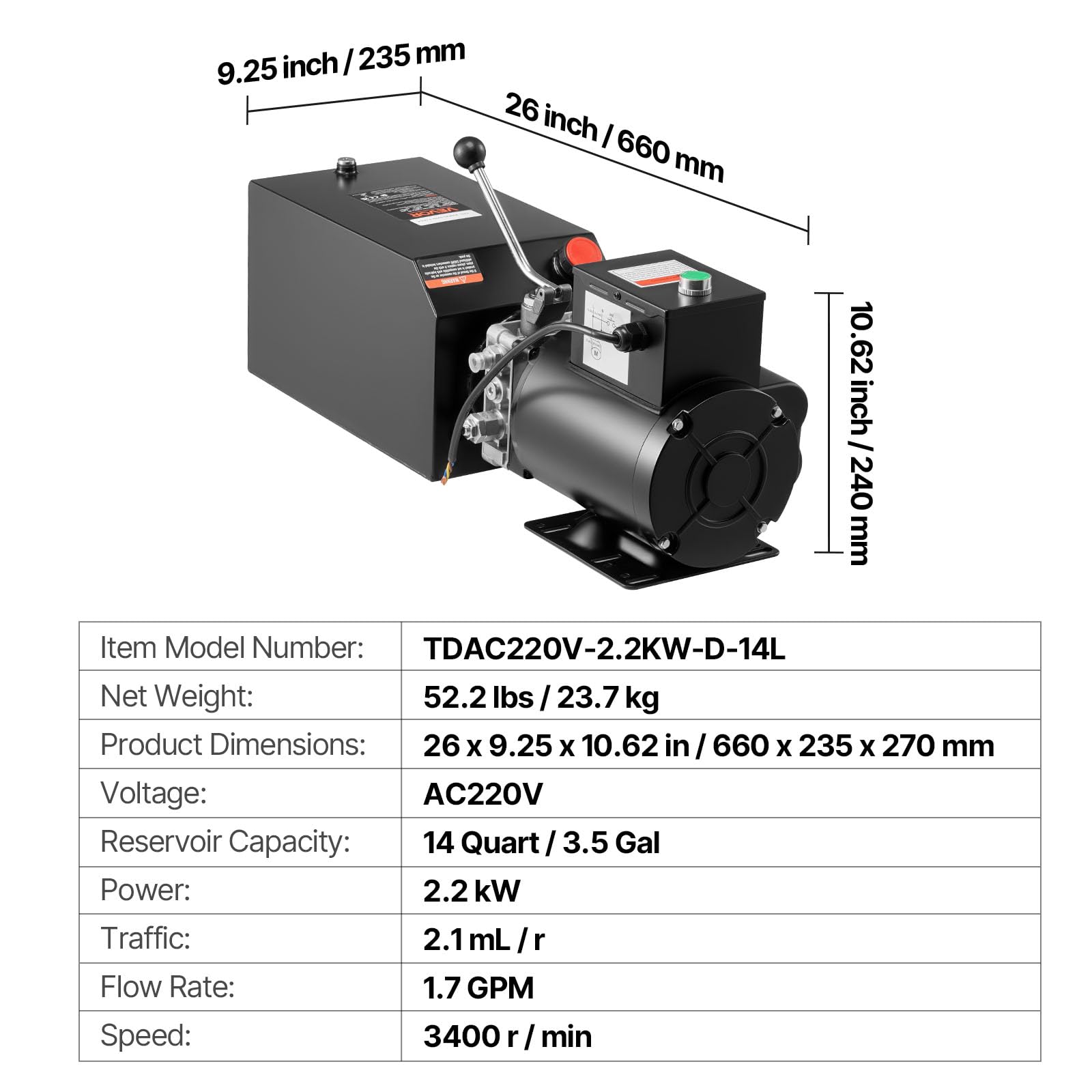 VEVOR Bomba Hidráulica de Acero de Simple Efecto 14 Cuartos, Bomba del Remolque Volquete 220-240 V, Presión Máxima de Alivio de 22 MPa, Caudal de 6,3 L/min, para Elevación de Vehículos, Apiladores