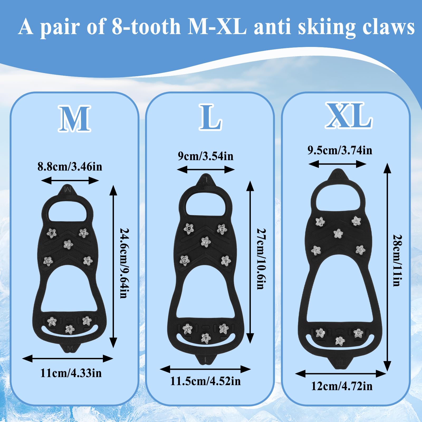 Abeillo, punta per scarpe antiscivolo, punta per scarpe, manico in silicone ghiaccio neve, punte in acciaio inox, artigli per scarpe, ramponi, scarpe per scarpe invernali, outdoor, per uomo e donna