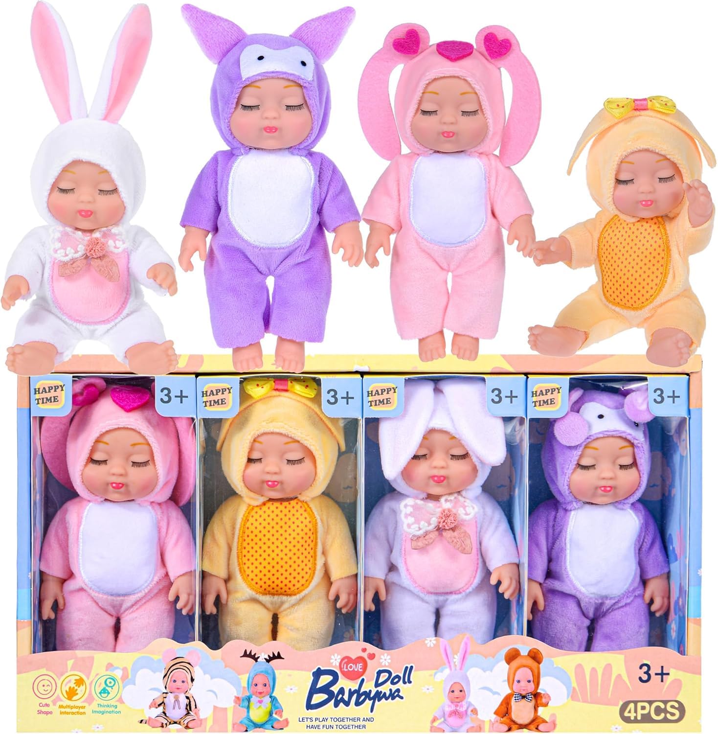 4 Pcs 7 Inch Baby Dolls with Adorable Animal-Themed Outfits, Cute PVC Infant Figurines Set in Yellow Chick, White Bunny