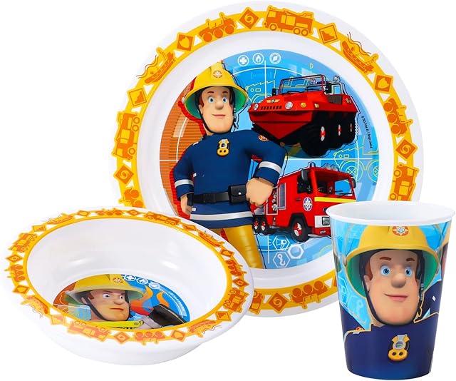 STORLINE Fireman Sam 3pcs Kids Micro Dinner Tableware Set Plate, Bowl & Cup, BPA Free,84650
