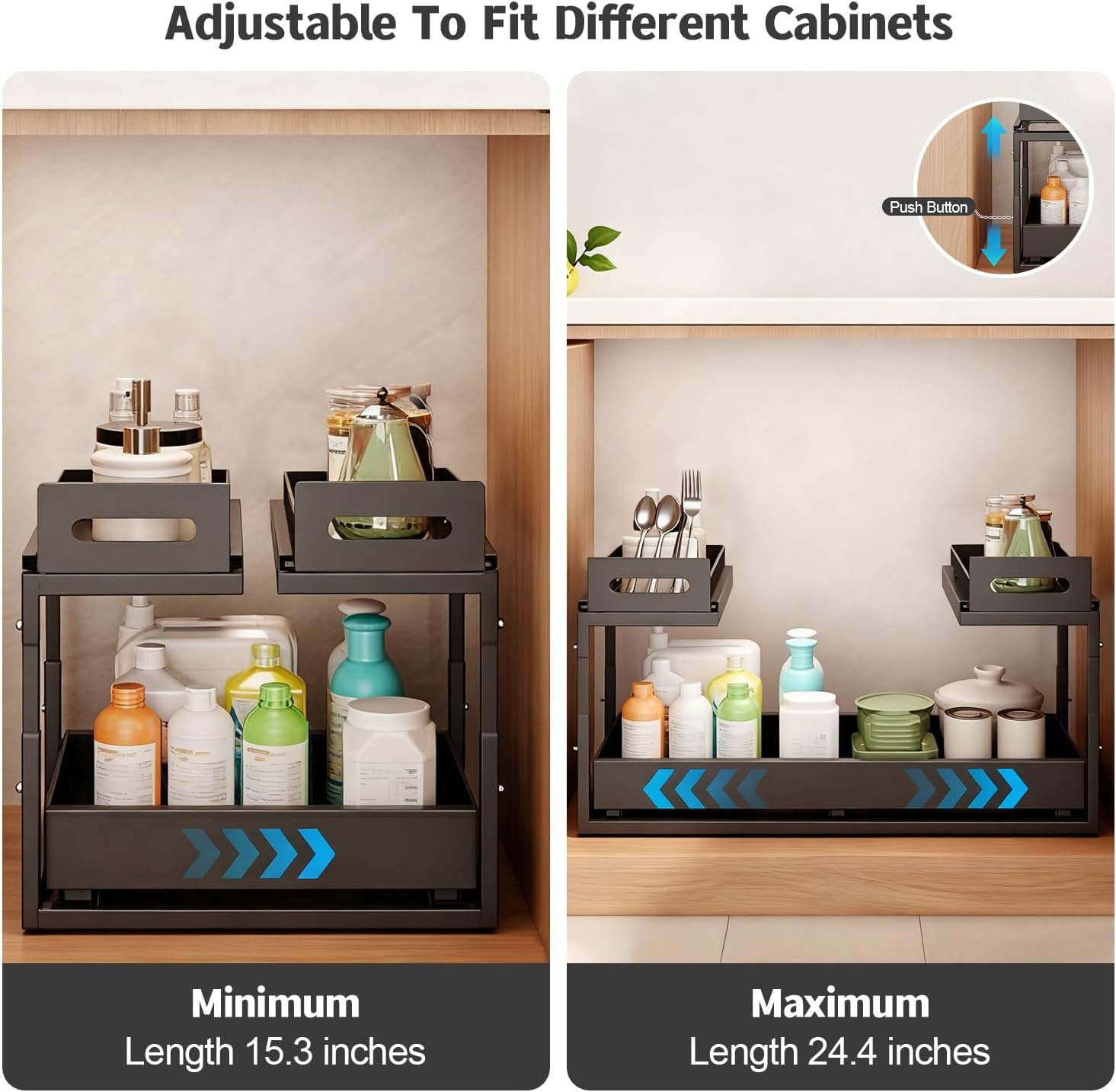 Buwico Expandable under cabinet organizer, 2-Tier under sink organizer with Reinforced Ball-Bearing slide rail, Slide-Out sink Shelf Height Adjustable, Durable and rust-proof for Kitchen & Bathroom