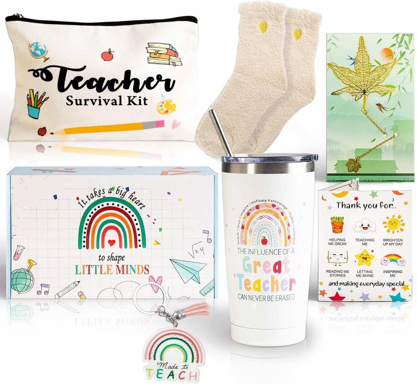 Teacher Appreciation Gift Set - Back to School Basket for Women - 20 oz Tumbler, Bookmarks, Ceramic Pen Holder, Apple Keychain, Pouch Bag (White)
