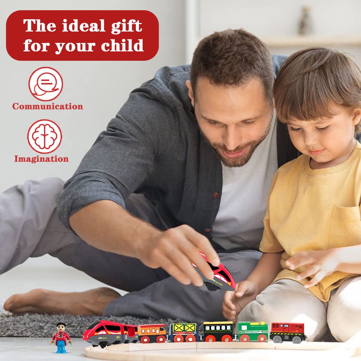 LiRiQi Locomotiva ad Azione a Batteria (connessione Magnetica), Treno Elettrico per Bambini, Auto Giocattolo Regali Bambini, Rail Treno passeggeri compatibile con Thomas, Brio, Rosso