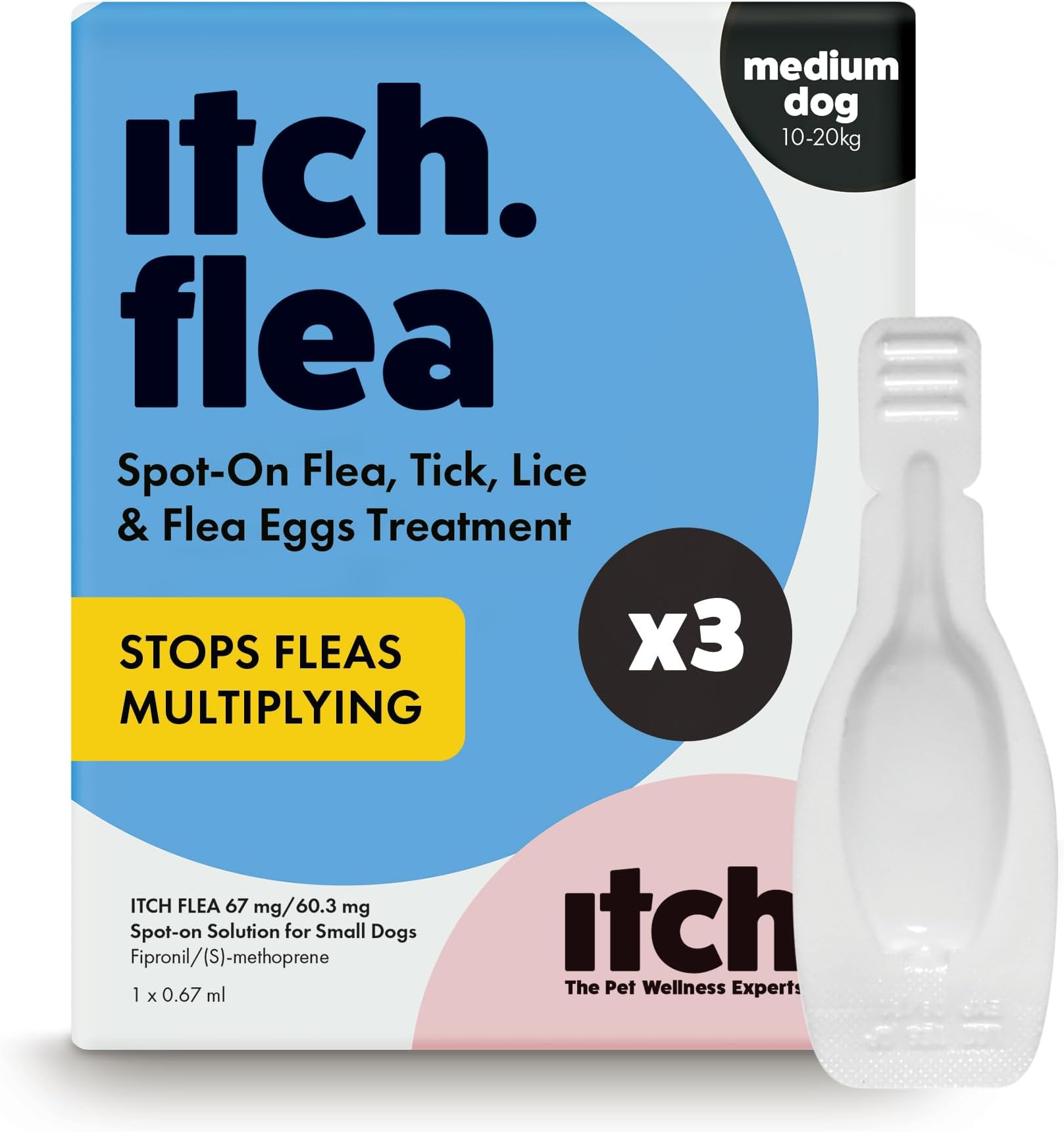 Itch | Medium Dog Flea & Tick Treatment Spot-On Solution | Dogs 10kg - 20kg | Kills Fleas, Lice, Ticks, Eggs and Larvae | With Fipronil and S-methoprene | 3 Pipettes