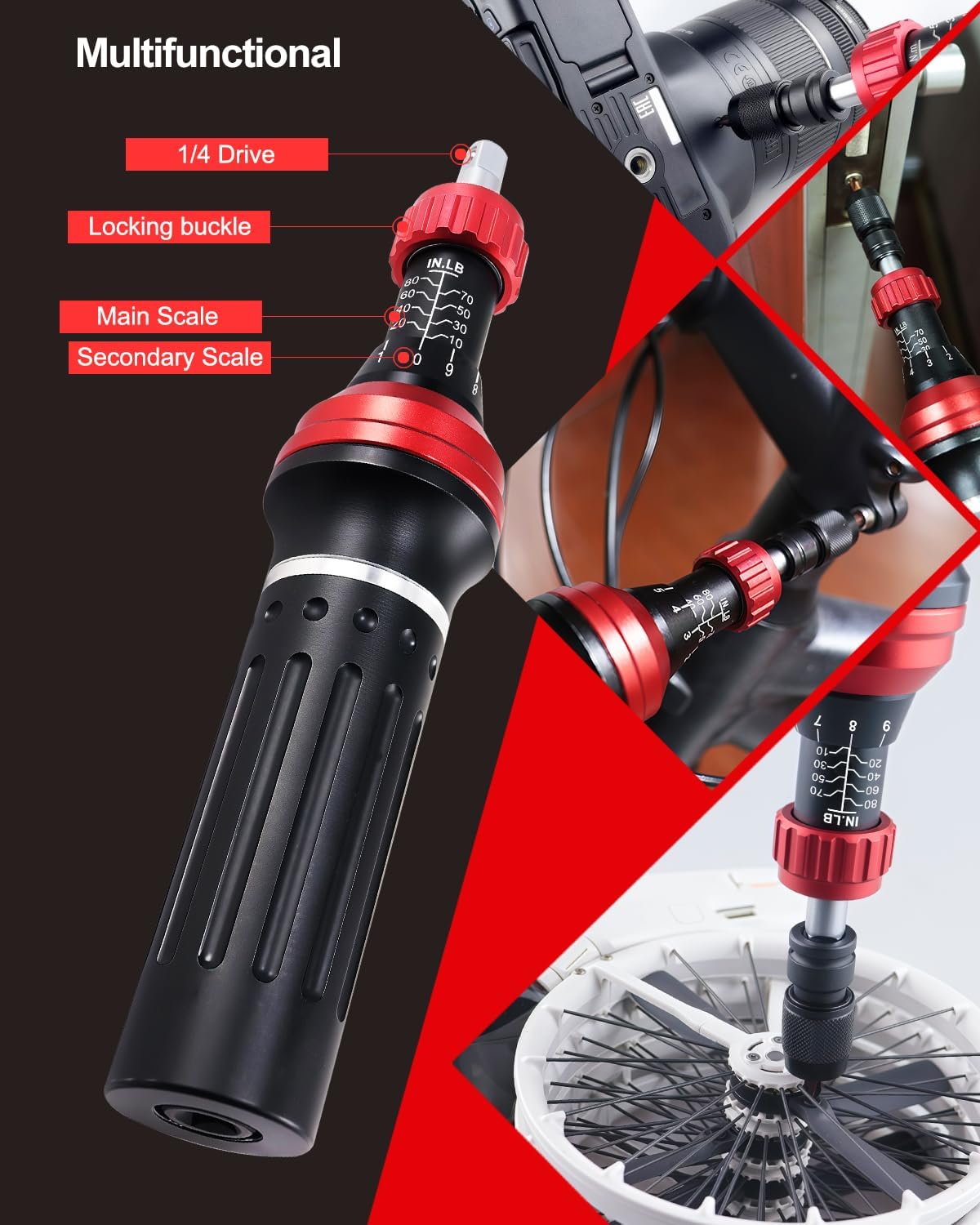 Detailní záběr view of the ATsafepro torque screwdriver highlighting the 1/4 inch drive, locking buckle, main scale, and secondary scale.