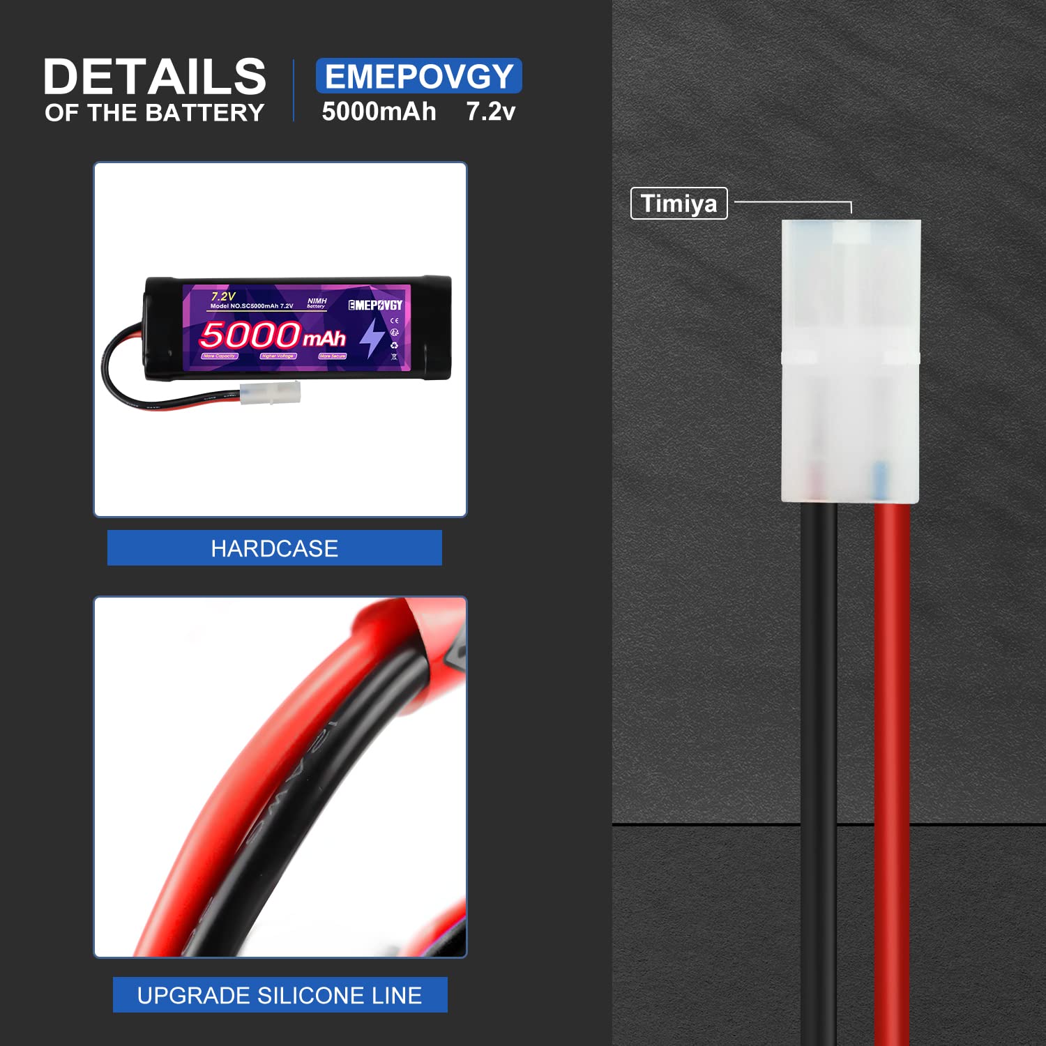 Batteria ricaricabile da 7,2 V RC NiMH, capacità 5000 mAh, batteria piatta a 6 celle con spina TMY (2 confezioni)