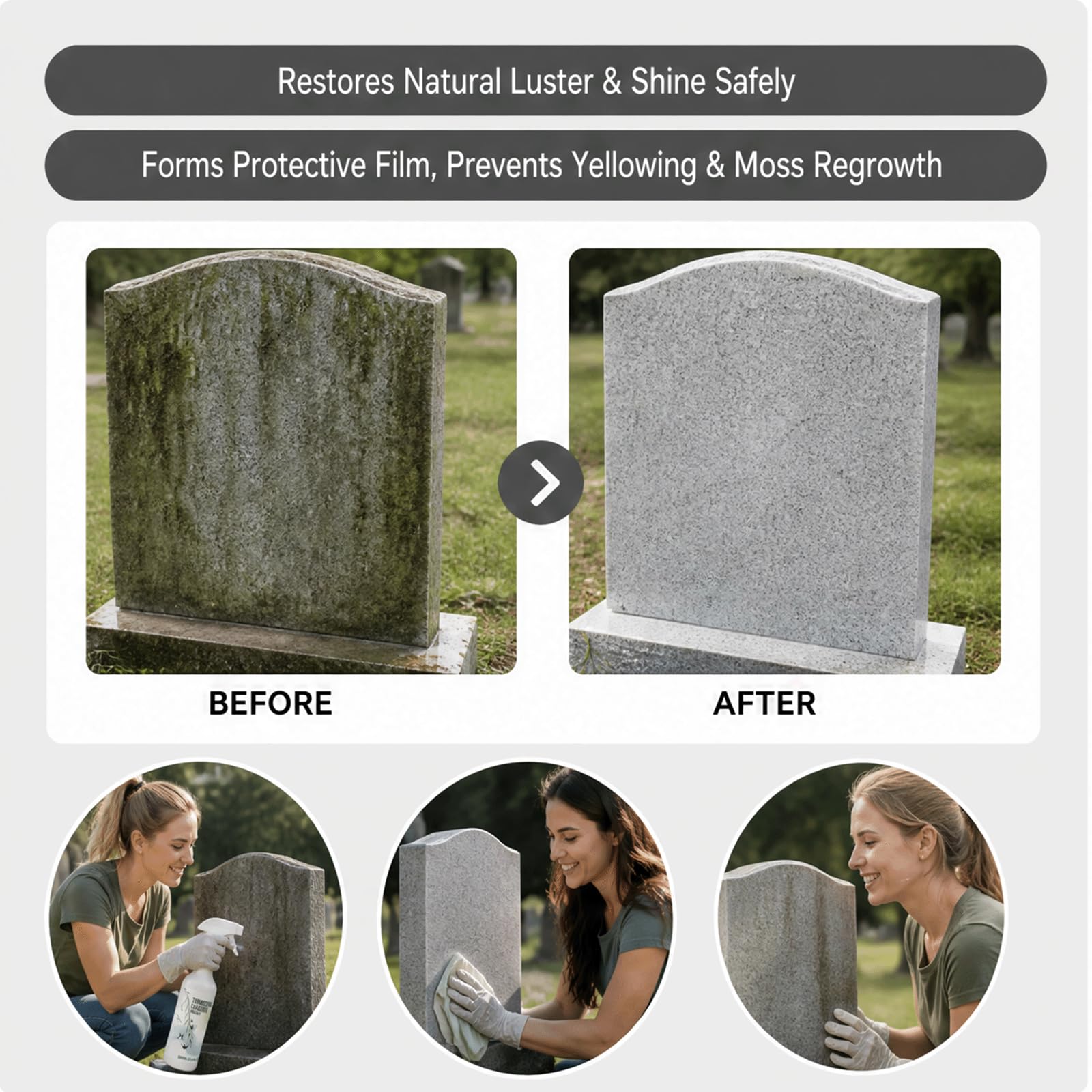 Spray de limpieza seguro y no abrasivo para lápidas y monumentos, elimina el musgo duro, la suciedad y las manchas de agua al instante, sin daños, restaura el brillo y forma una película protectora